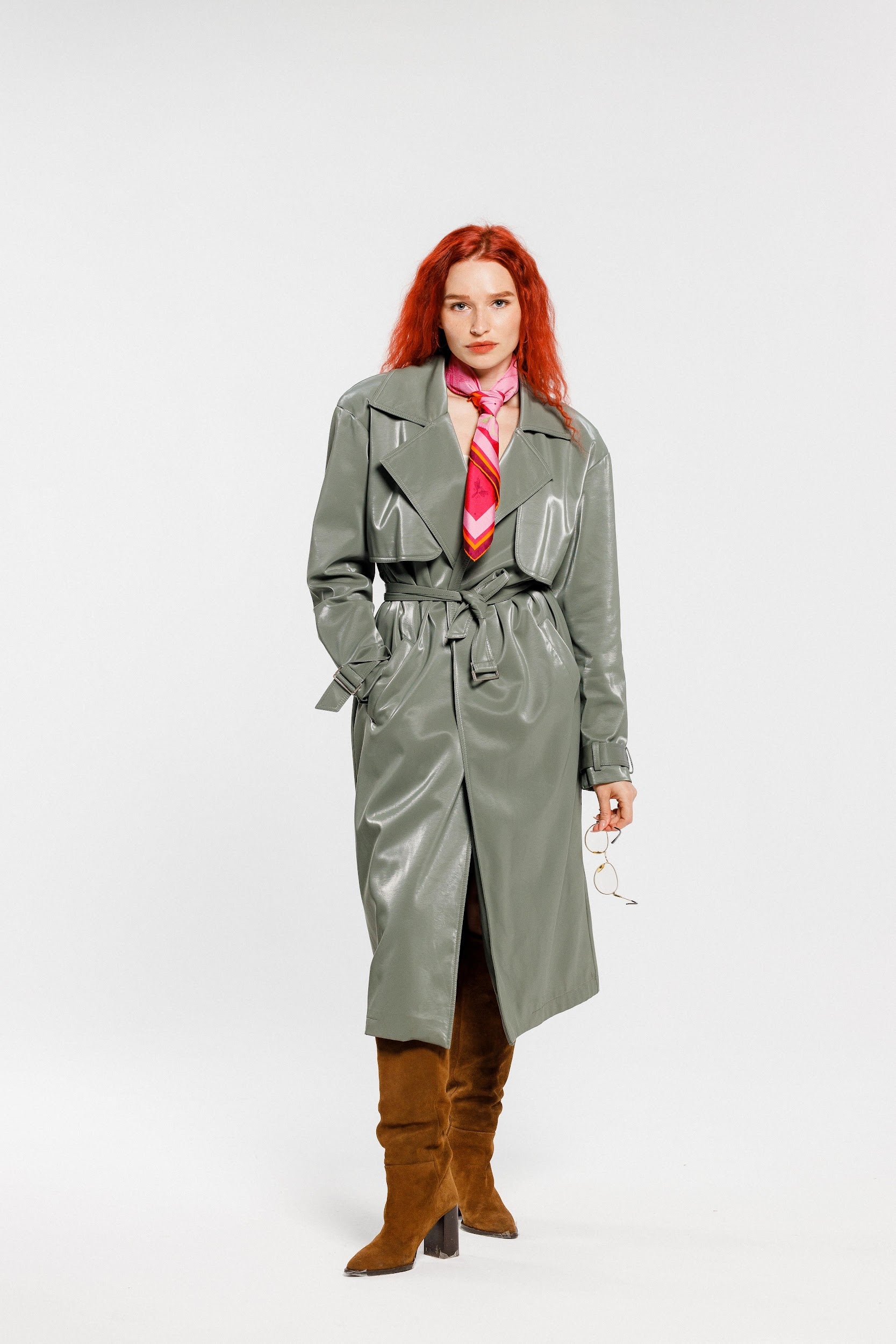 Model wearing silk twill square scarf as tie around neck