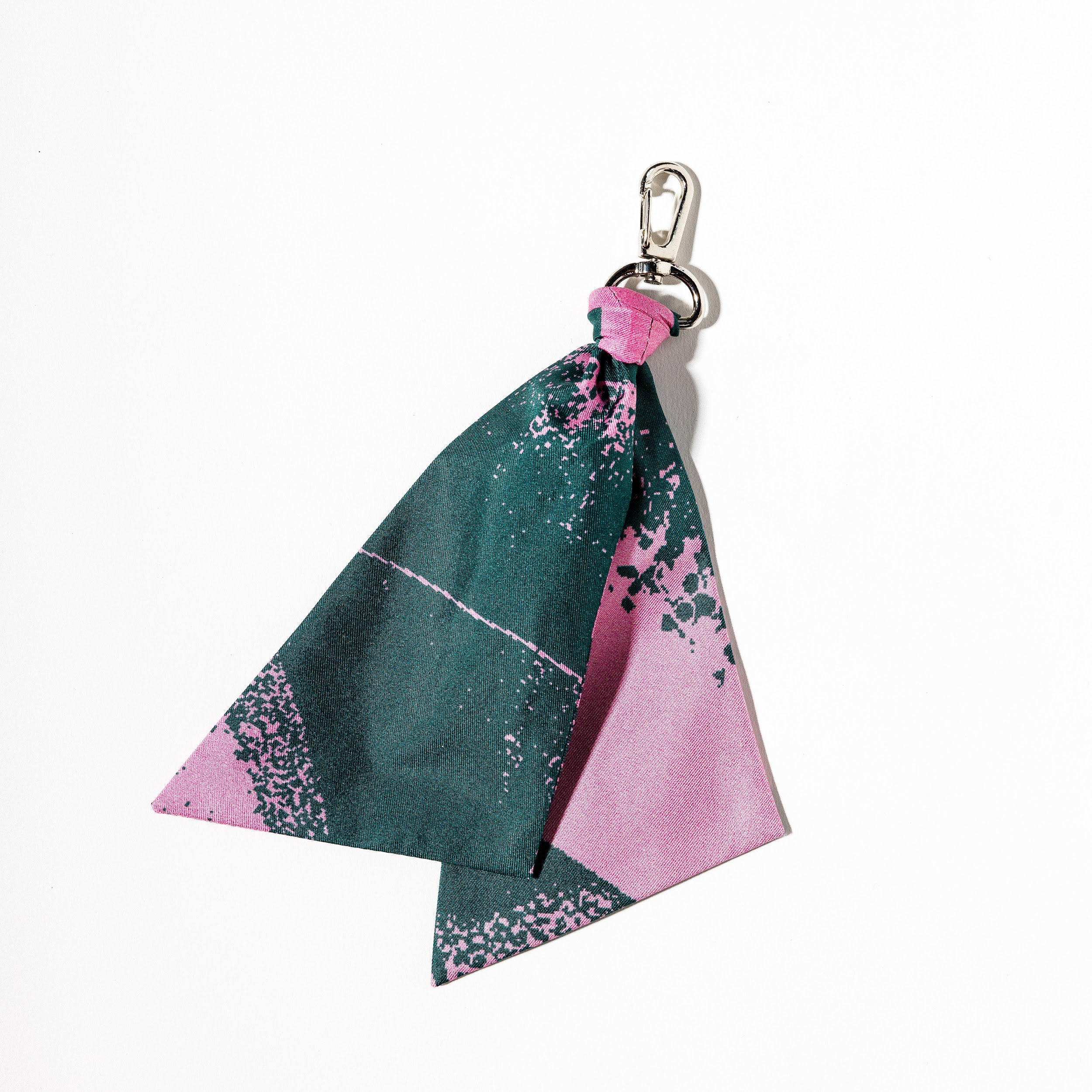 Petrol green and pink print silk bag charm on silver hook