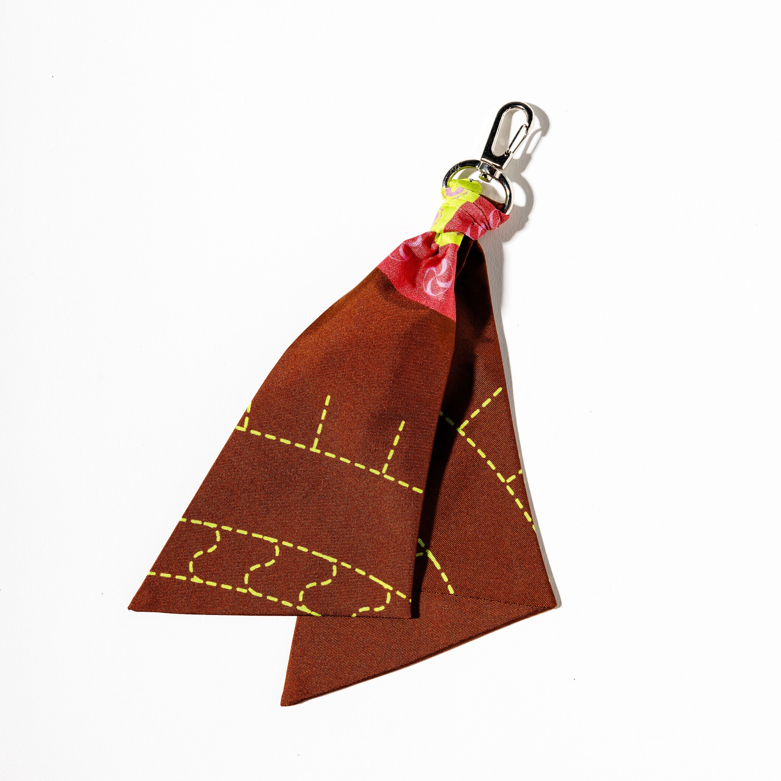 100% silk bag charm in brown with green and pink details