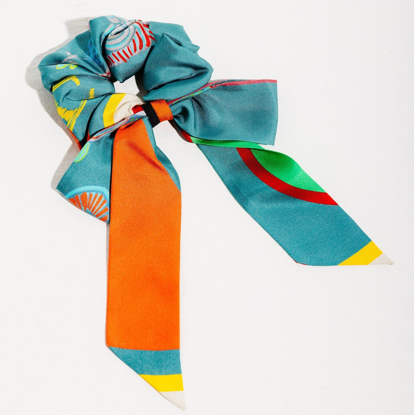 100% Silk scrunchie with bow in multicolor print