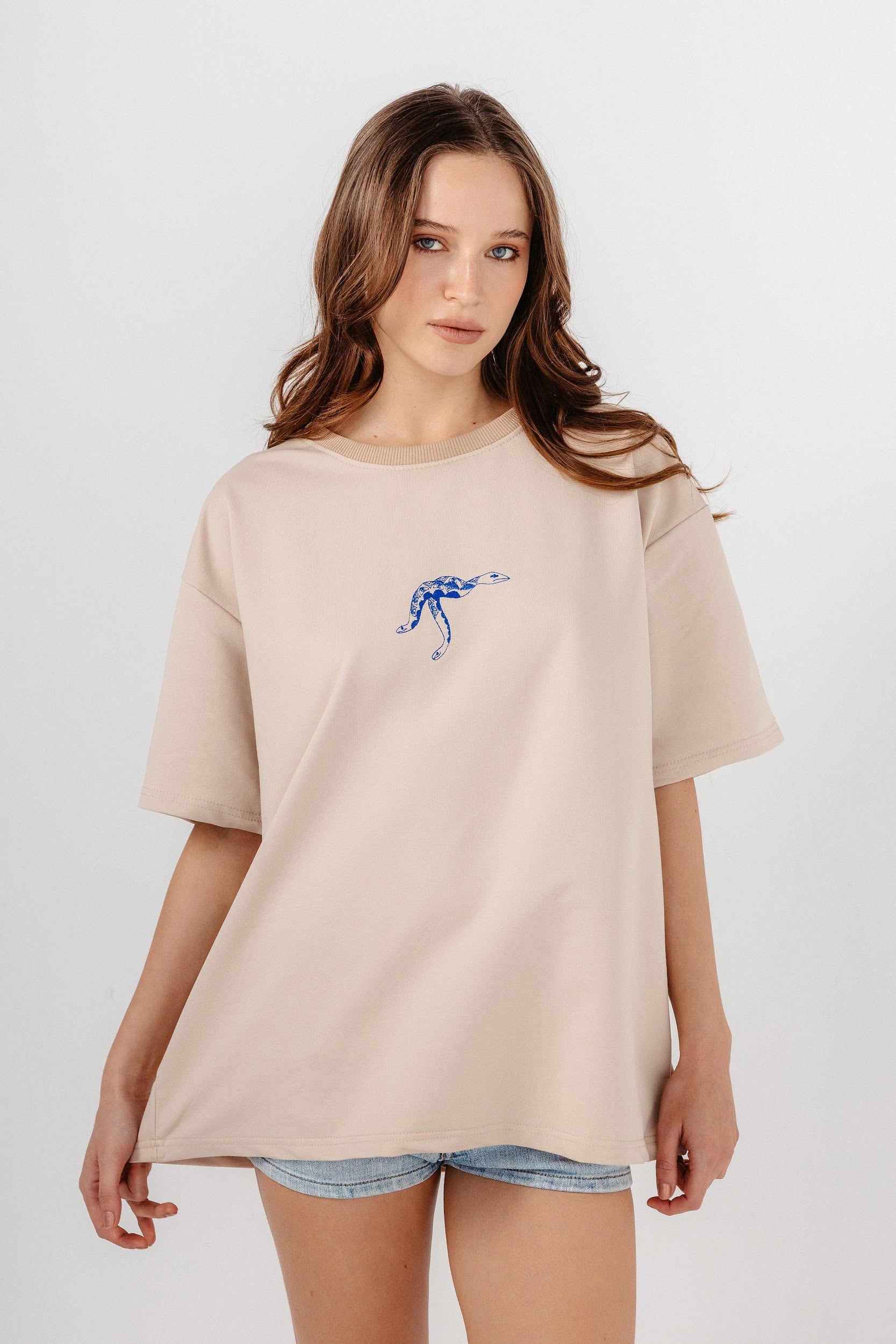 Model wearing beige top with blue embroidery in middle of front