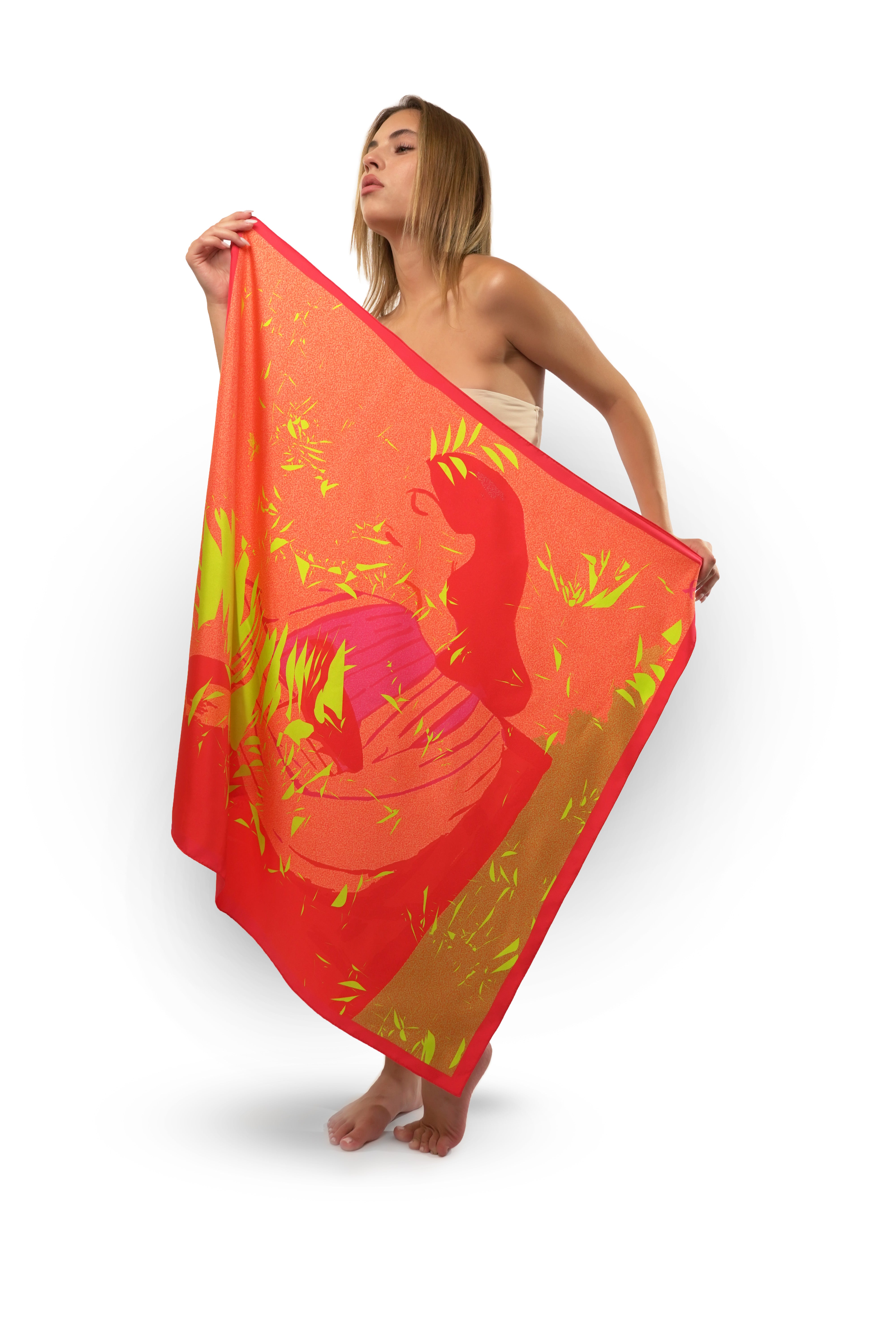 Model holding red silk twill square scarf with woman design