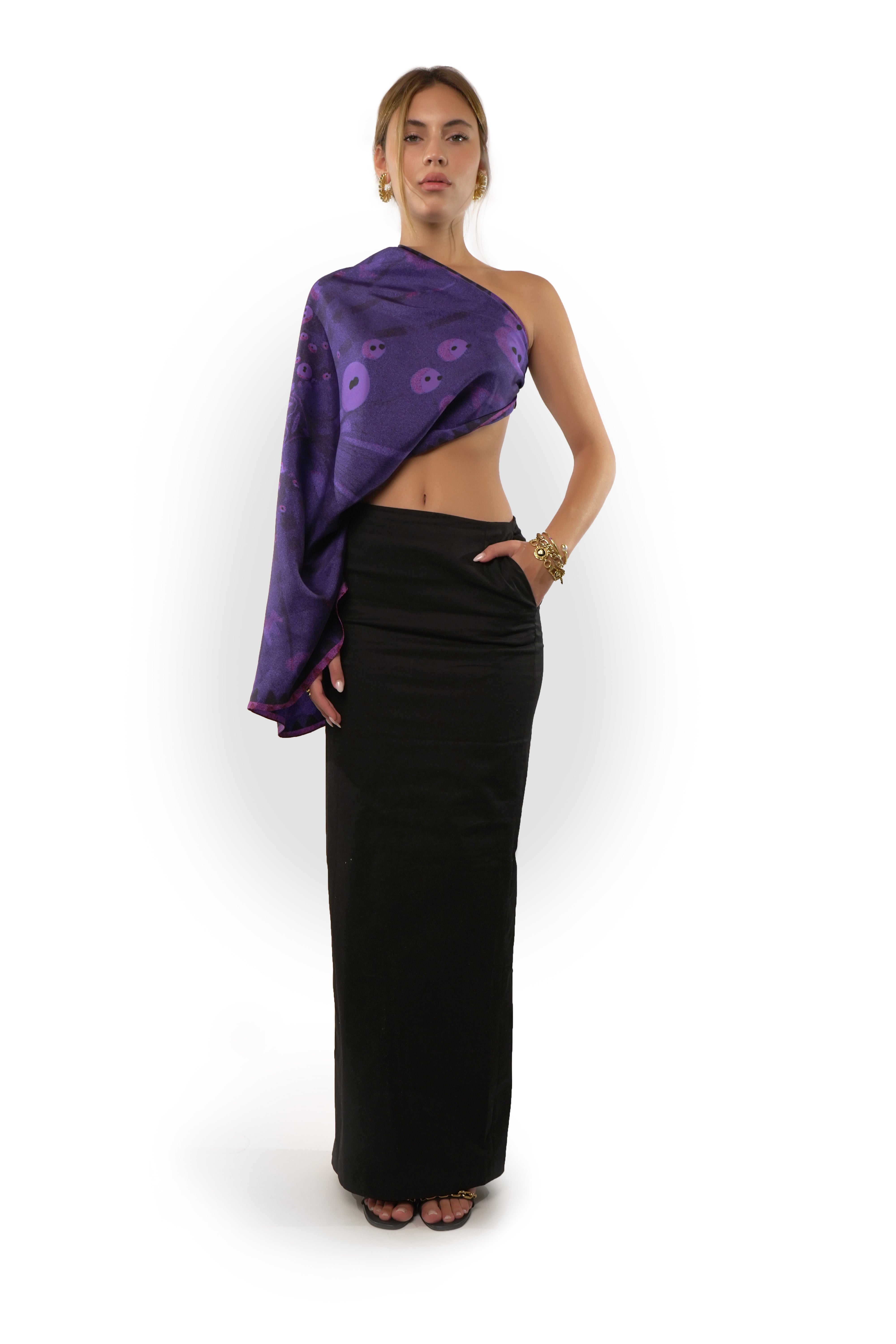 model wearing purple silk twill square scarf as one arm top