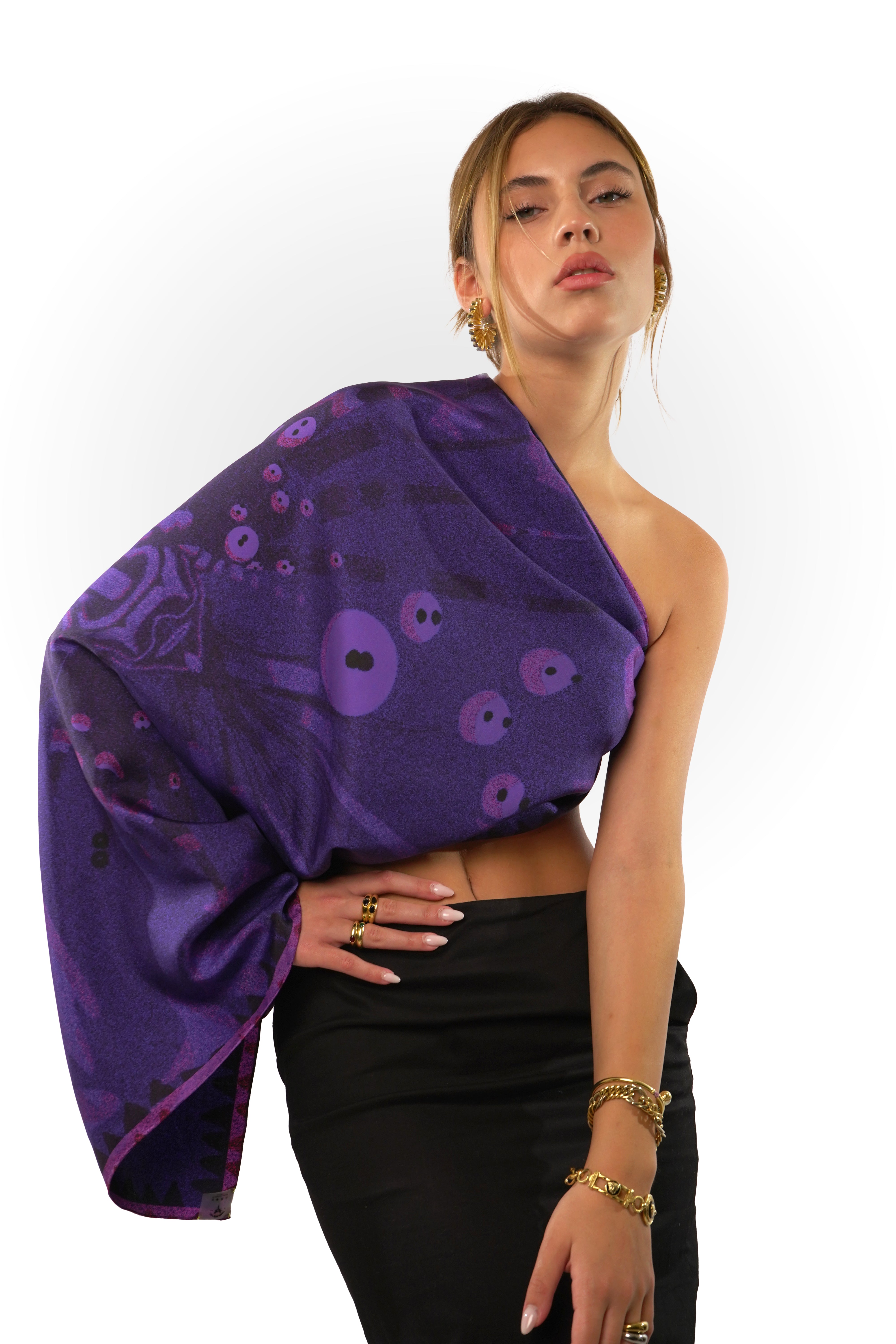 model wearing purple silk twill square scarf as one arm top