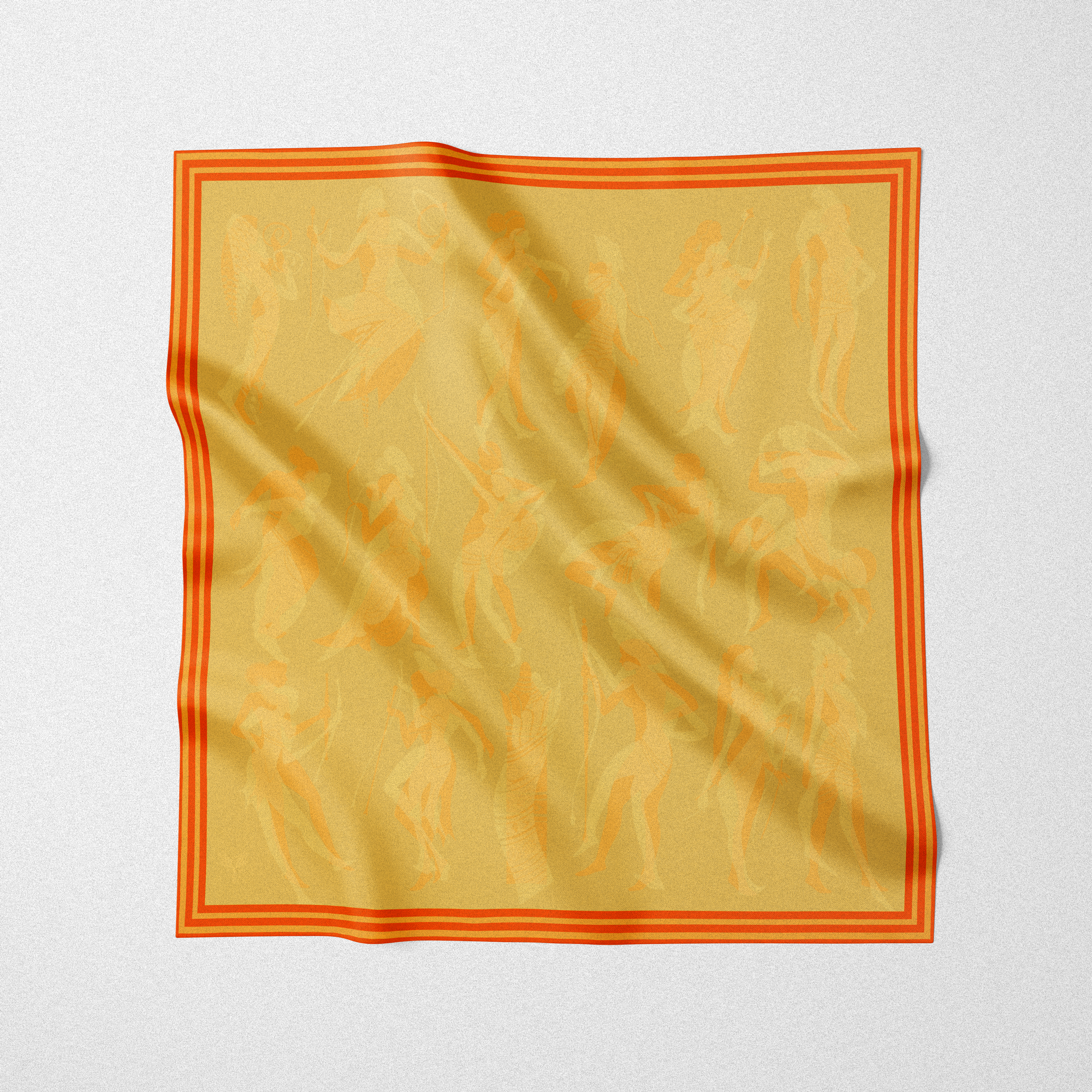 Silk twill square scarf designed by artist. Alter ego design in orange print