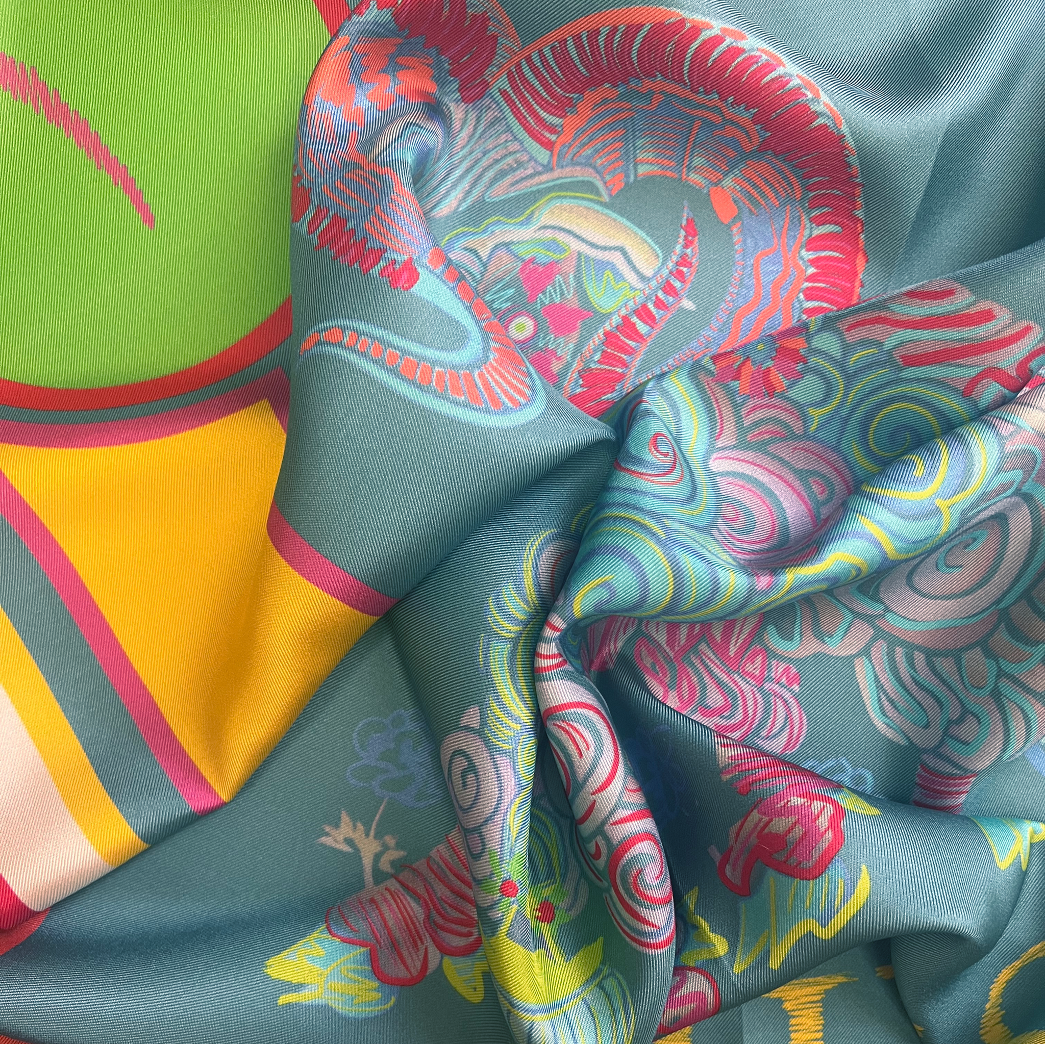 details of silk twill fabric with multicolor print design