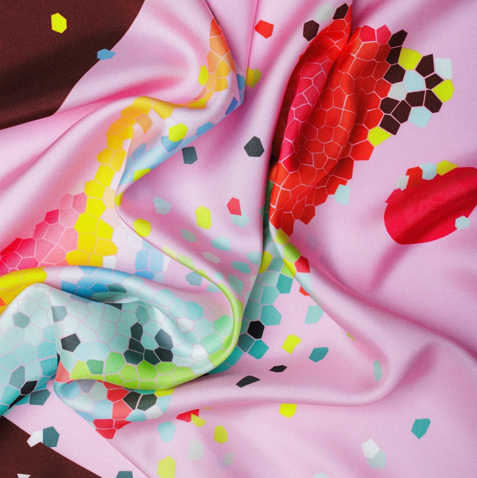 Details of colorful silk twill scarf with abstract pattern