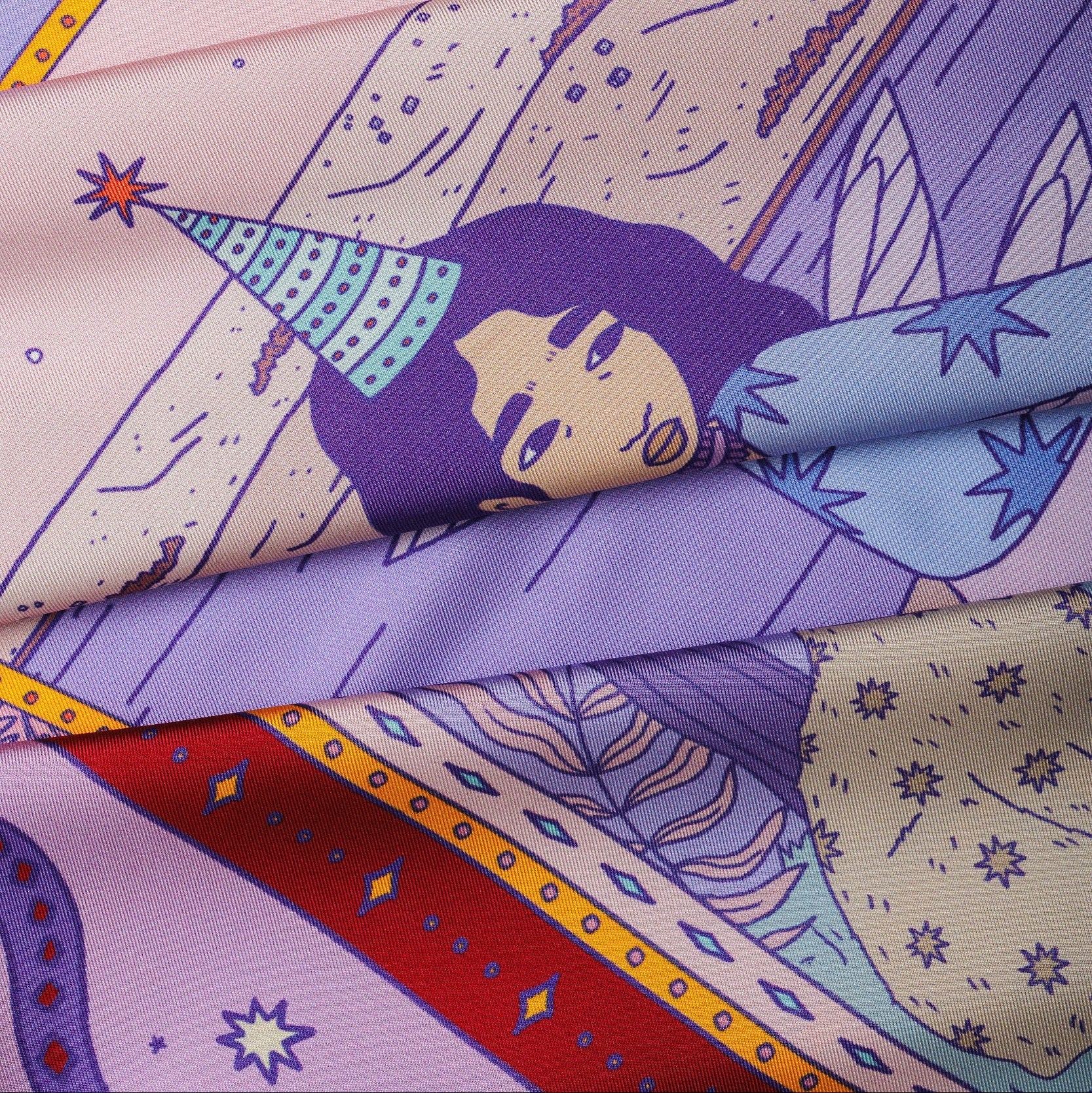 Details of silk twill scarf design in purple tones