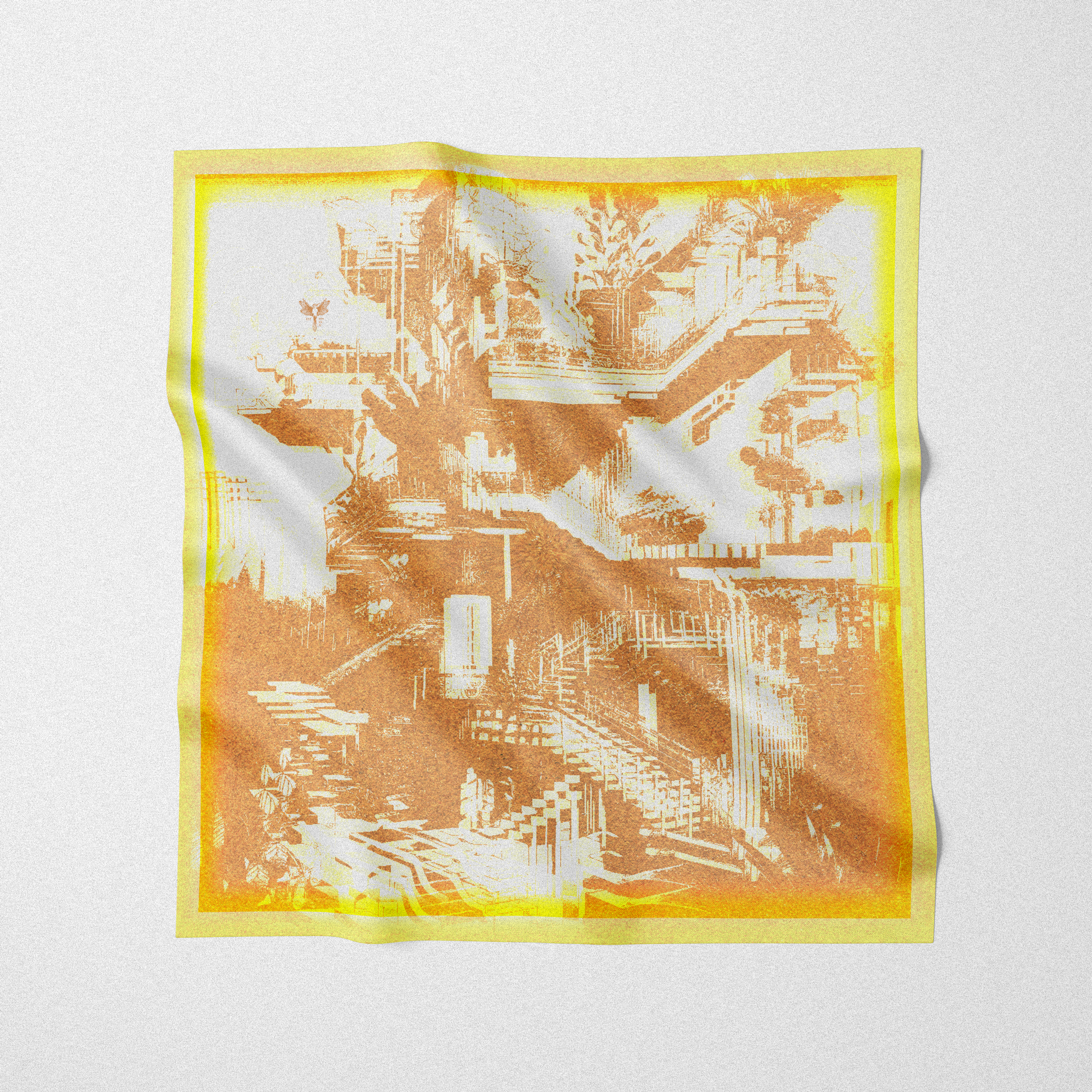 Silk twill square scarf designed by artist. Beirut's groove design in yellow and white