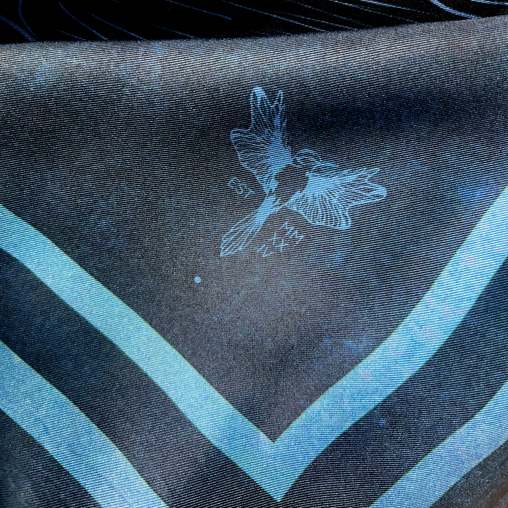 zoom on silk twill fabric in blue print