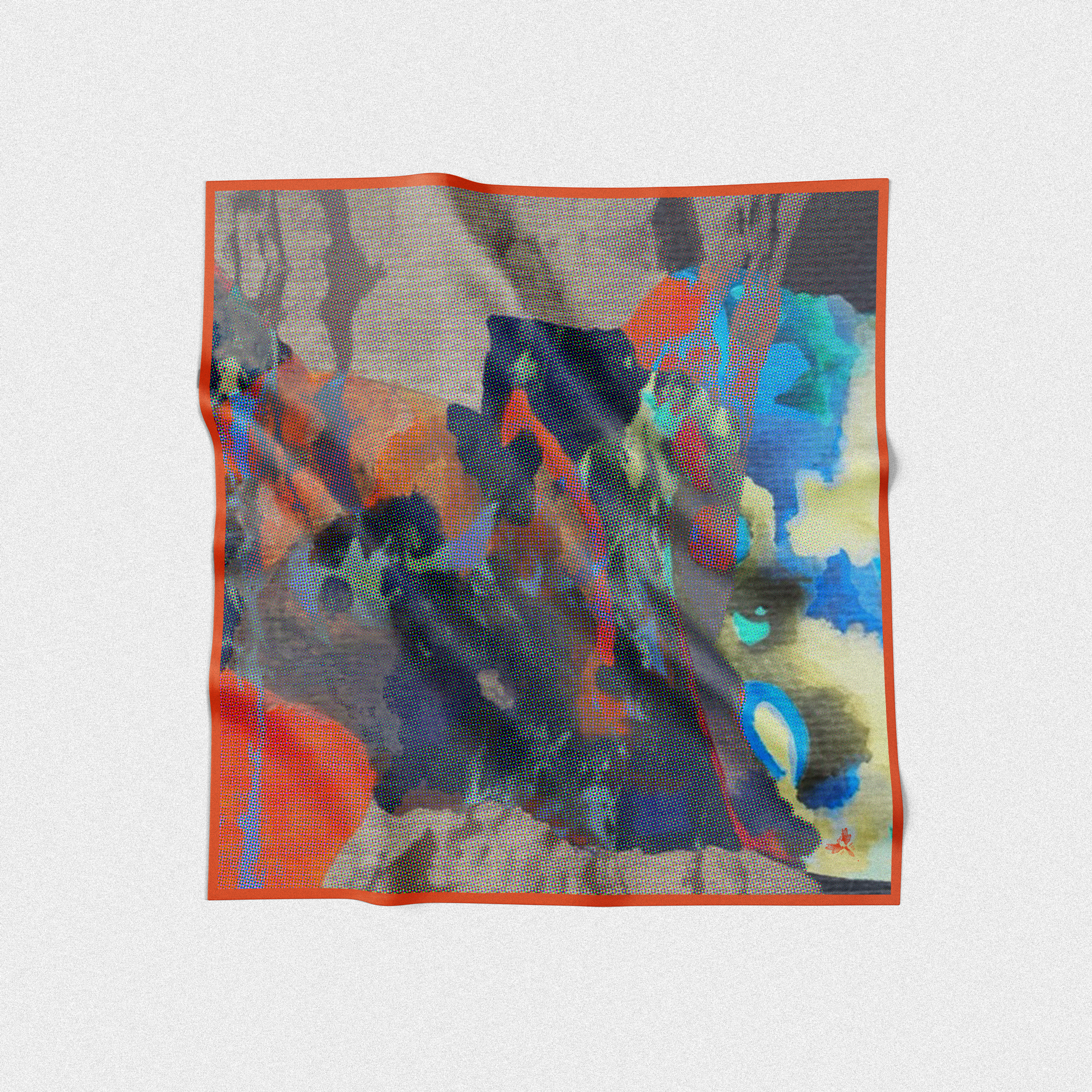 Colorful abstract patterned square scarf on a white background