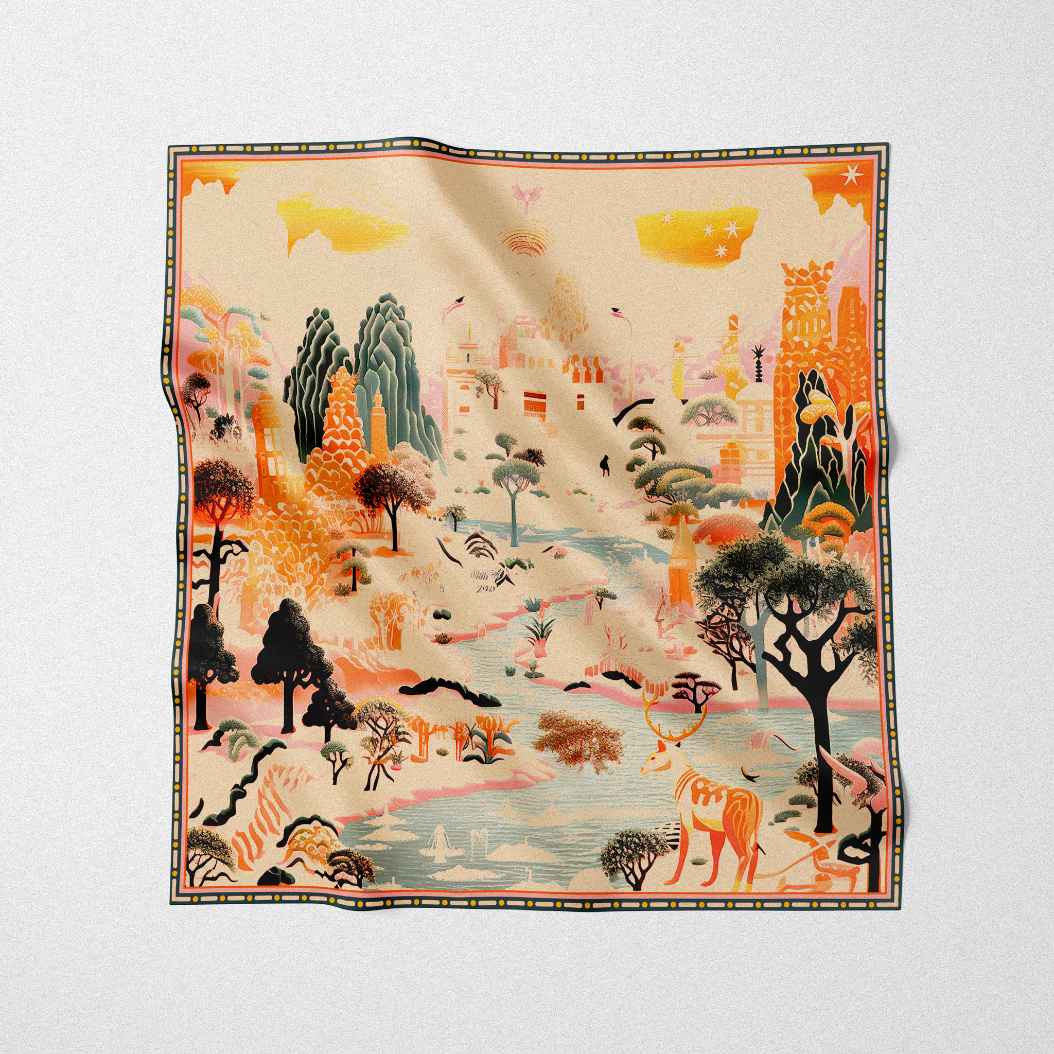 Silk twill square scarf designed by artists. enchanted forest in beige orange green blue pink print