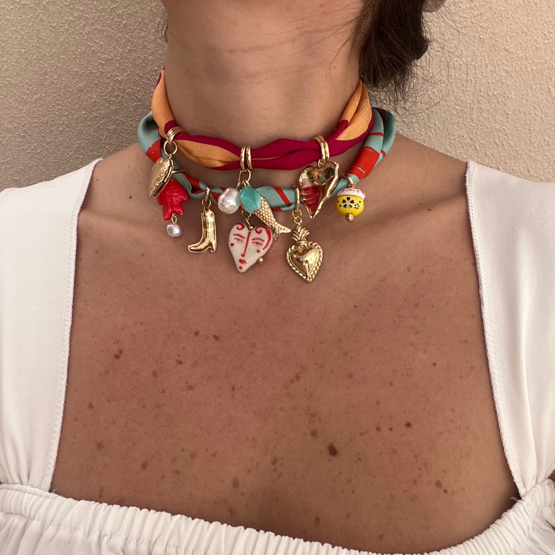 charms necklace with silk fabric