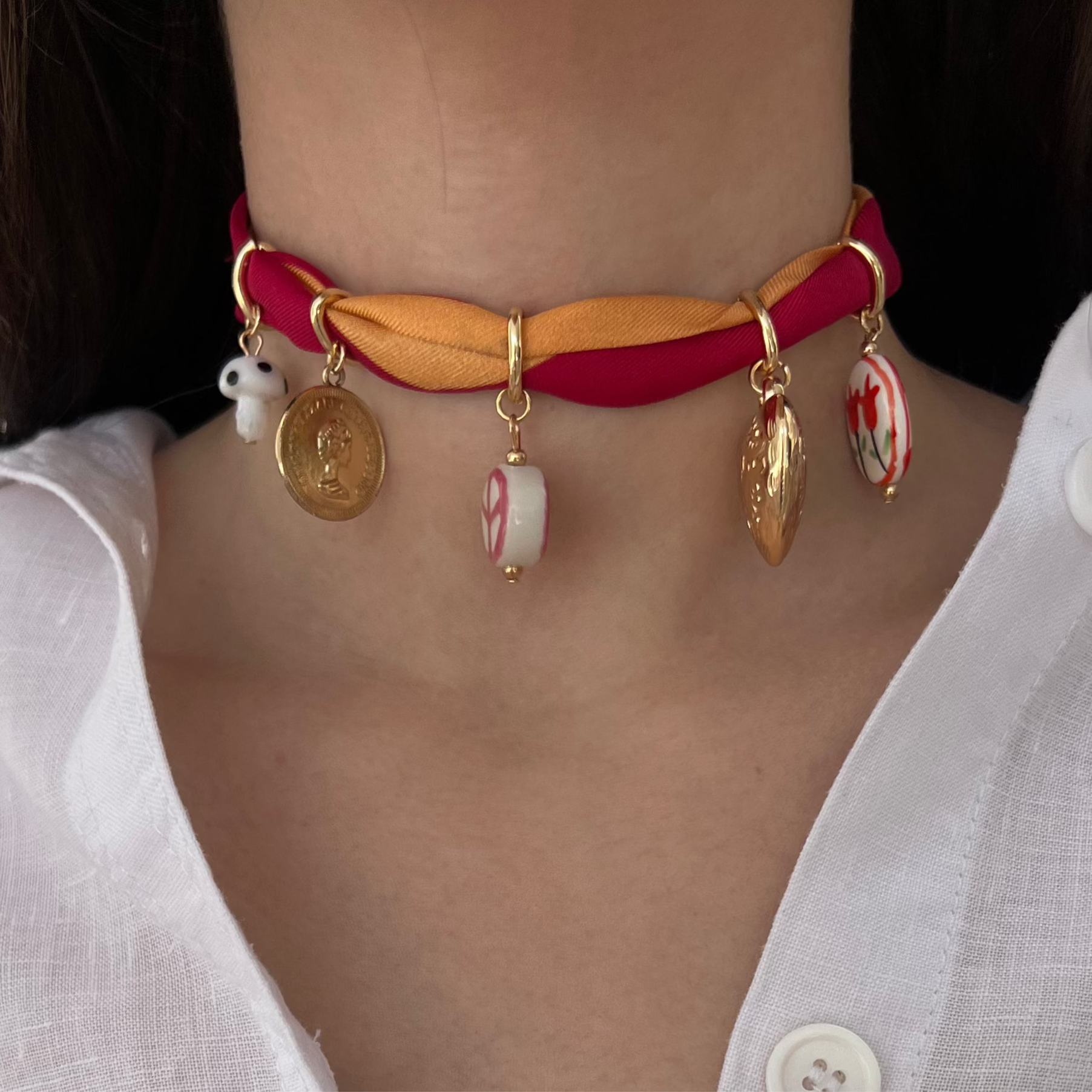 silk twill fabric necklace with gold charms