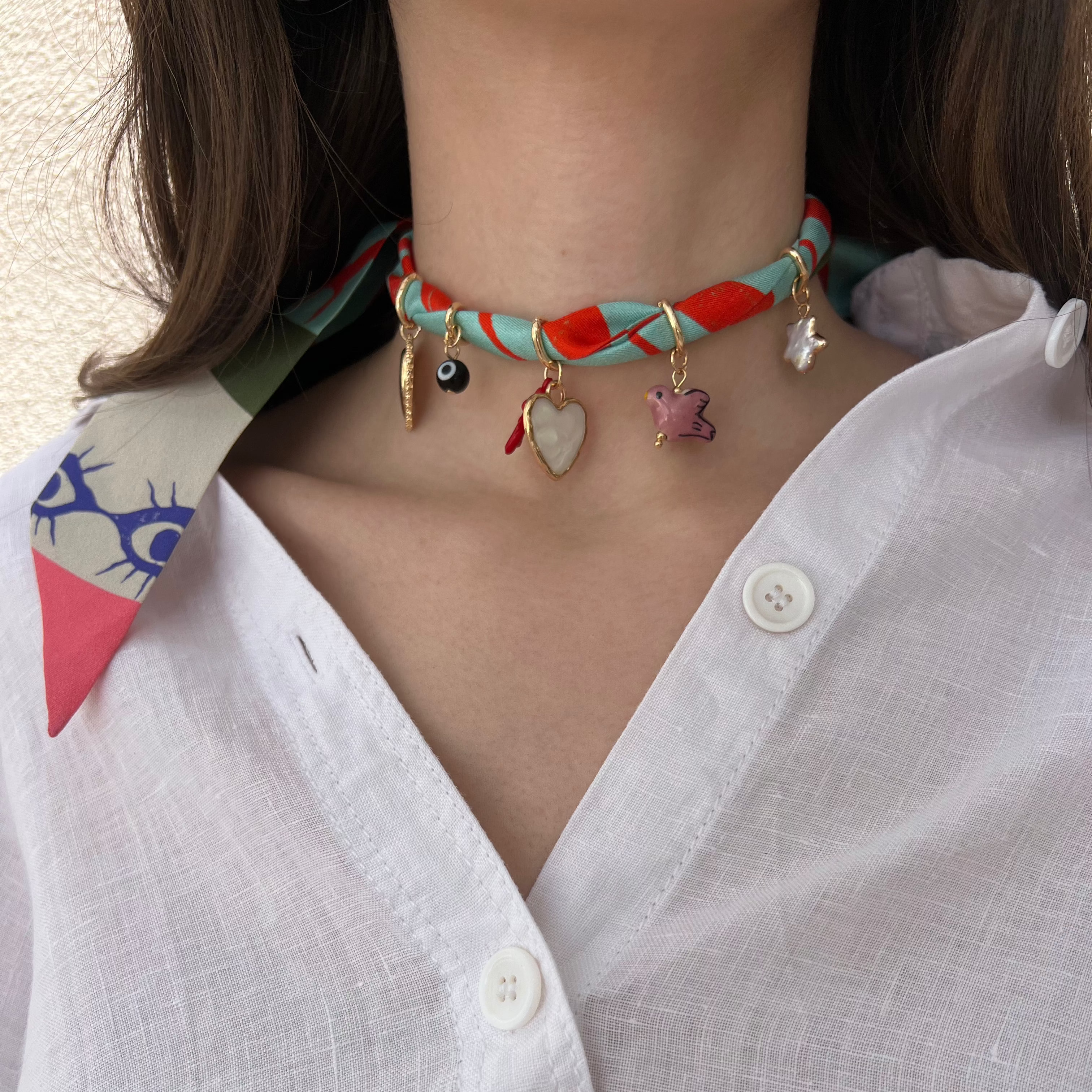 silk fabric necklace with five charms