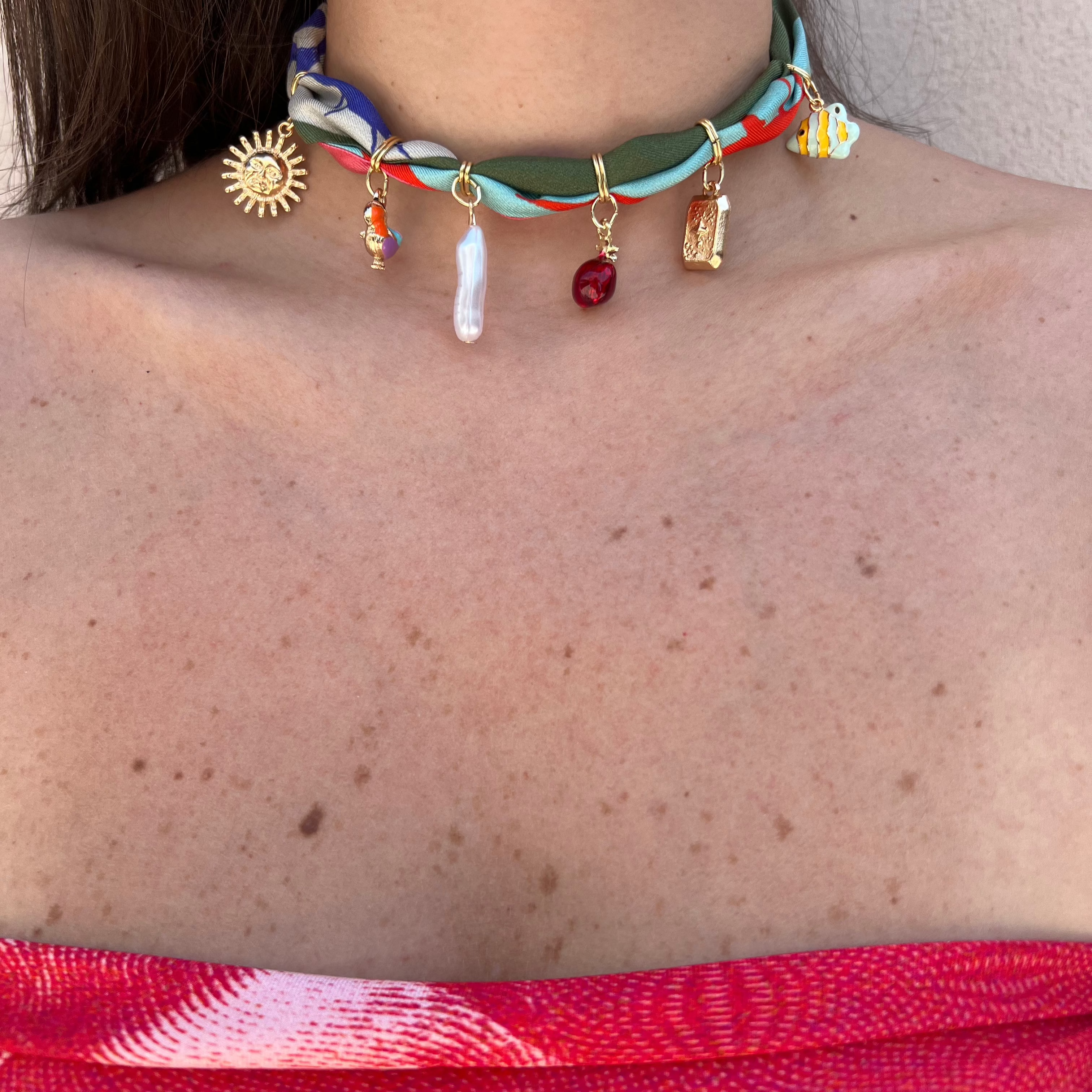 multicolor silk fabric with charm necklace