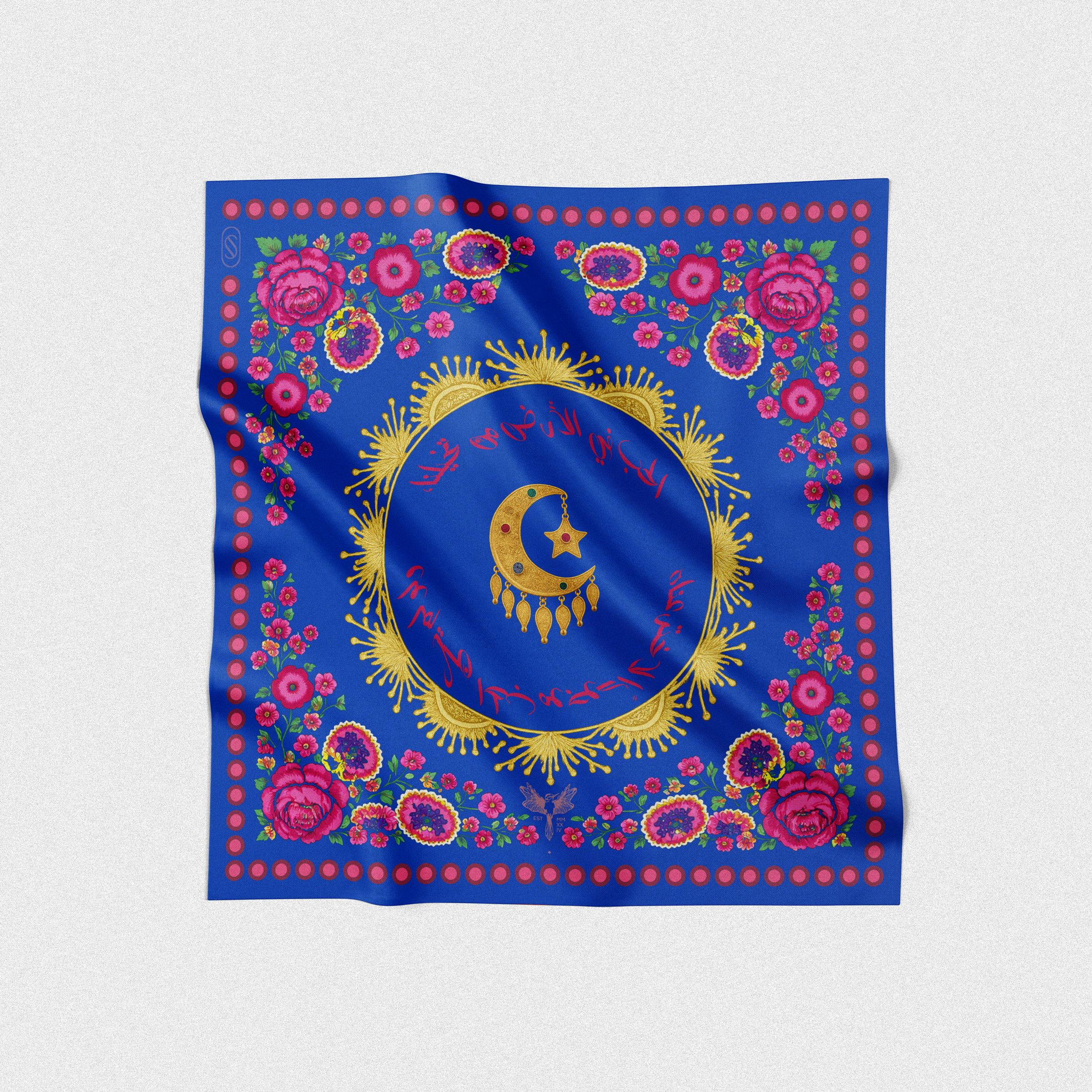 Square silk blue scarf with pink floral patterns and gold crescent moon design