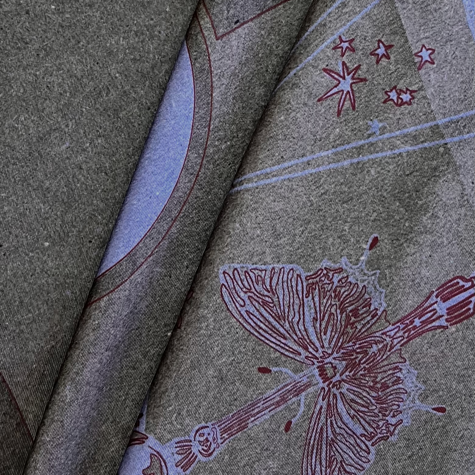 zoom on silk twill fabric with grey print and butterfly design