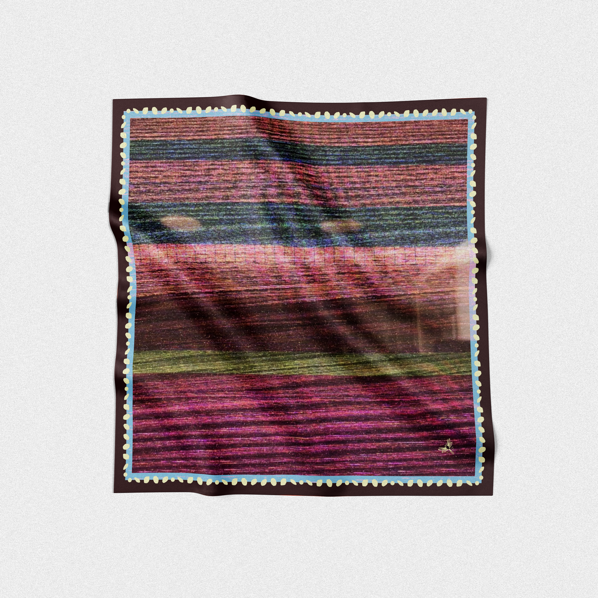 Multicolored square silk scarf with a pattern on a light gray background