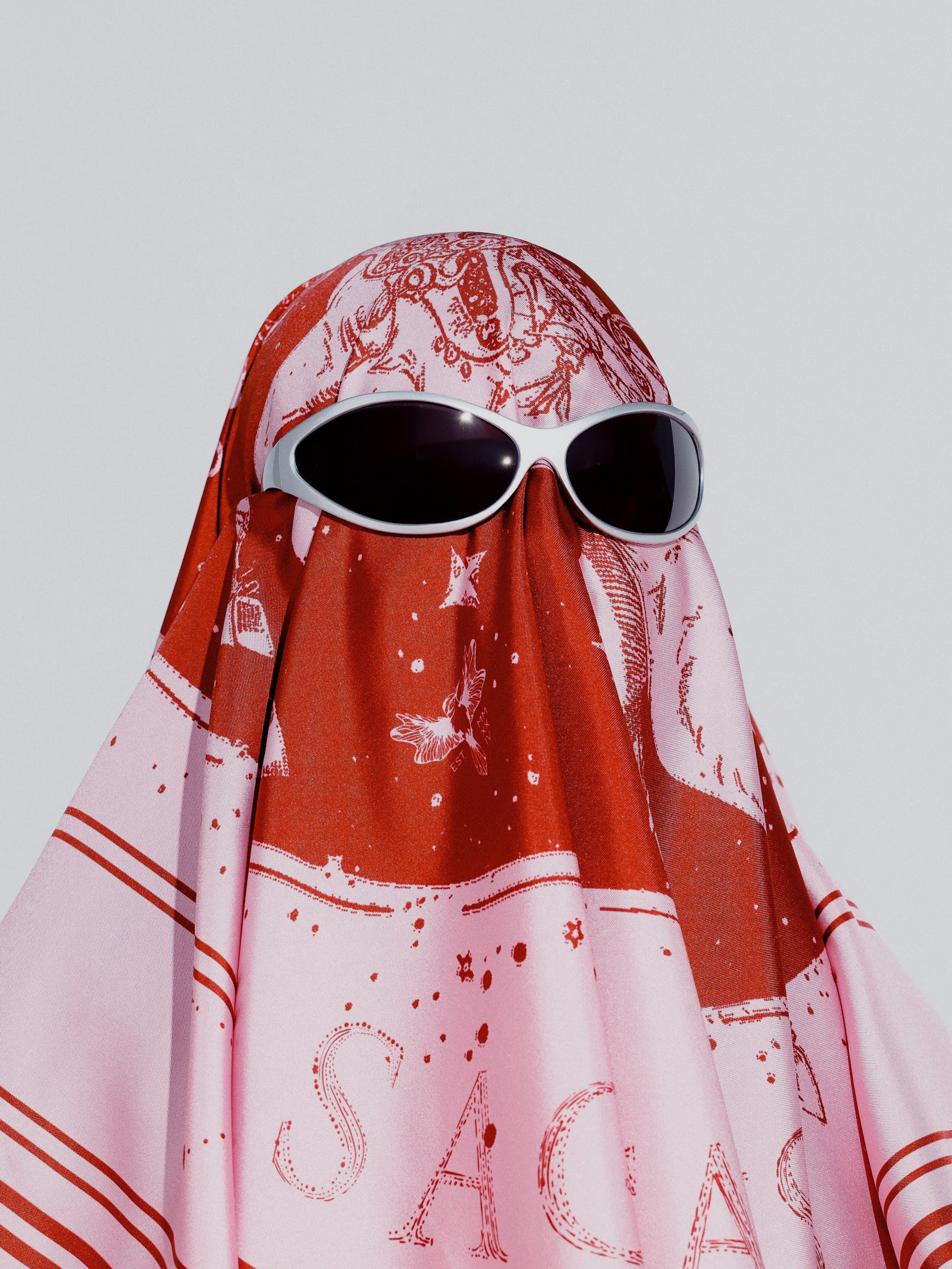 Model covering head with silk twill square scarf