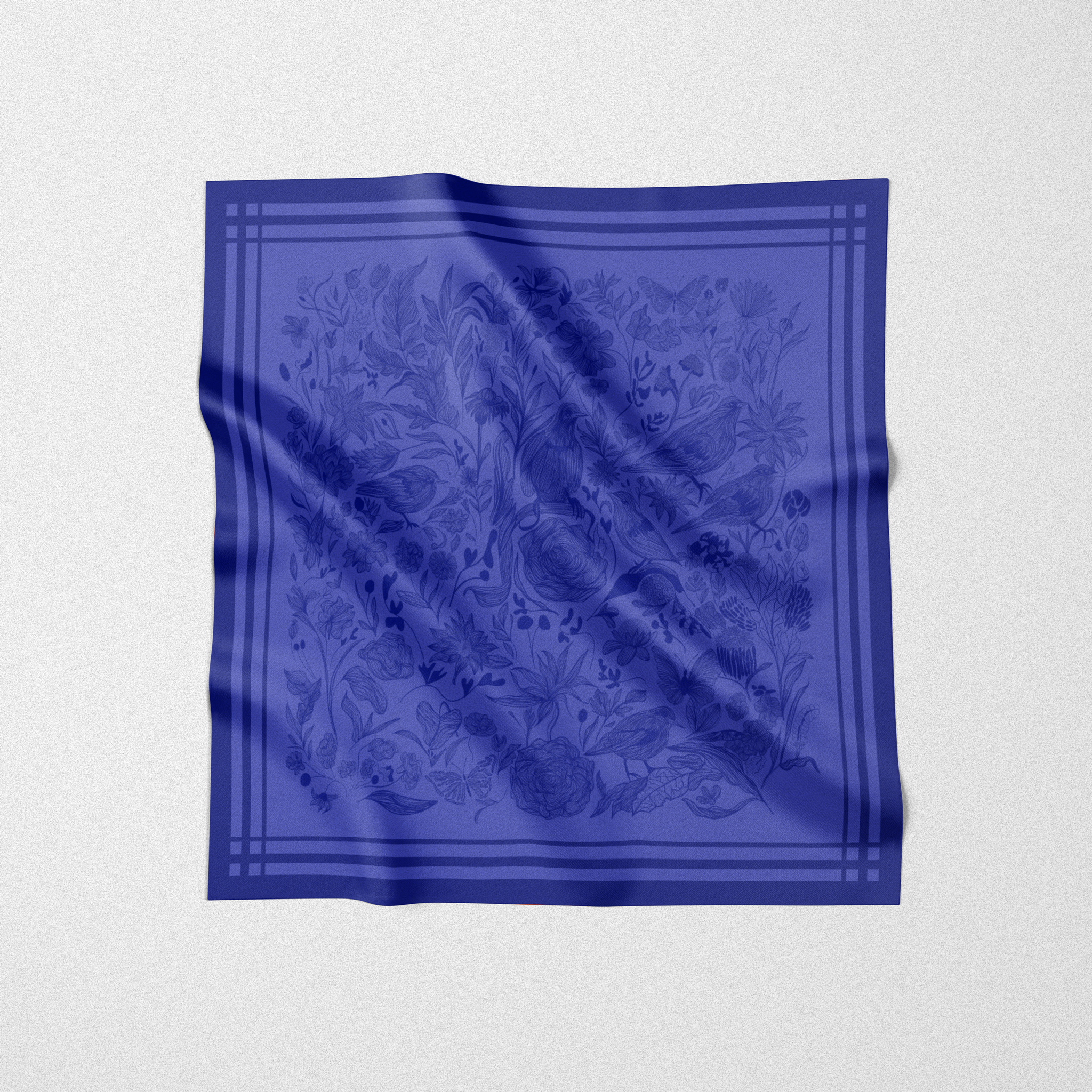 Silk square scarf designed by an artist. Sapphire sonata design, a drawing of nature in blue