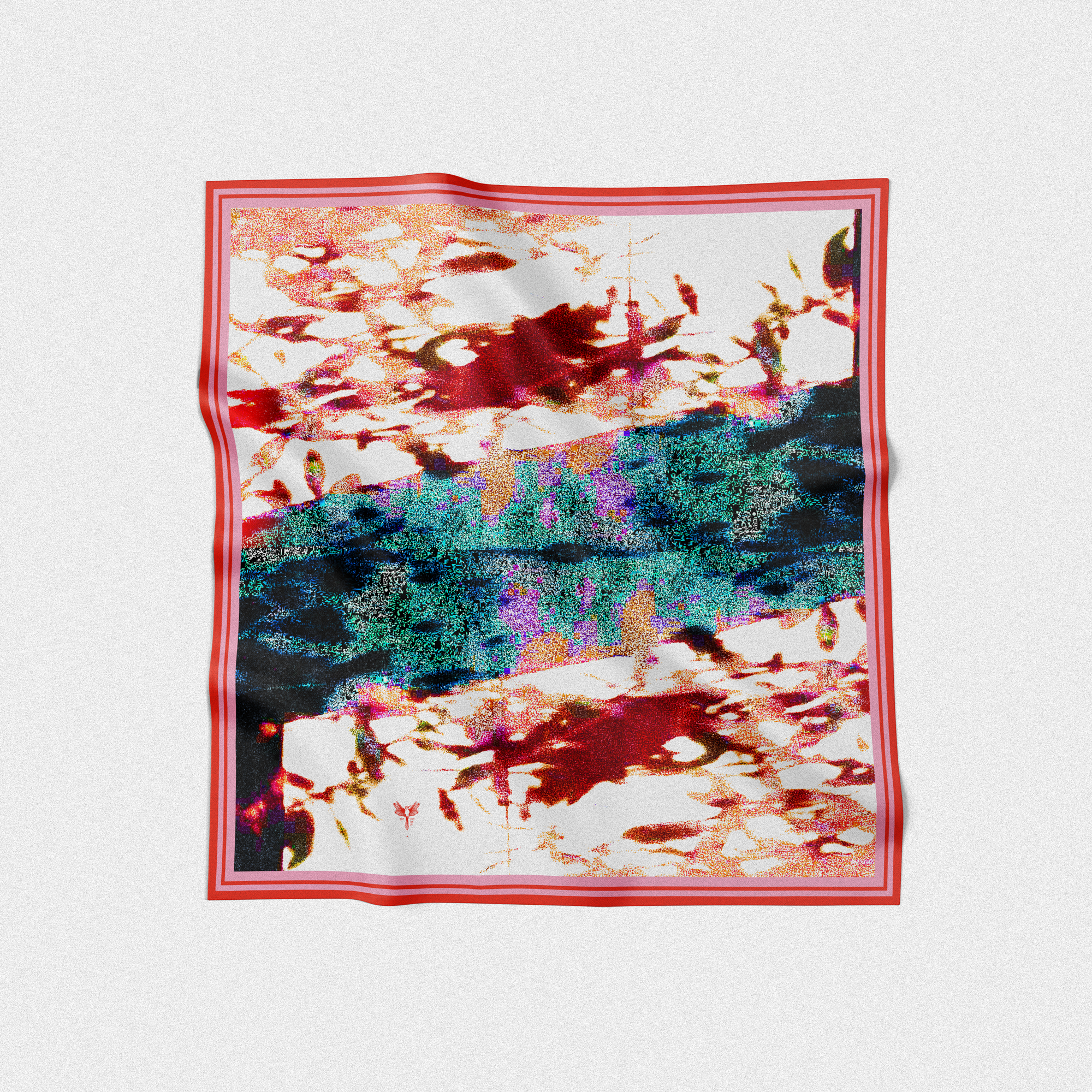 Colorful abstract square scarf with red, blue, and white patterns
