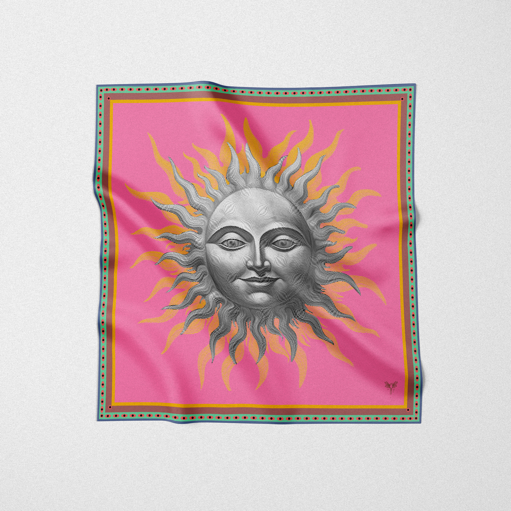 Silk square scarf designed by artist. Sweet sun design with large sun on pink backdrop