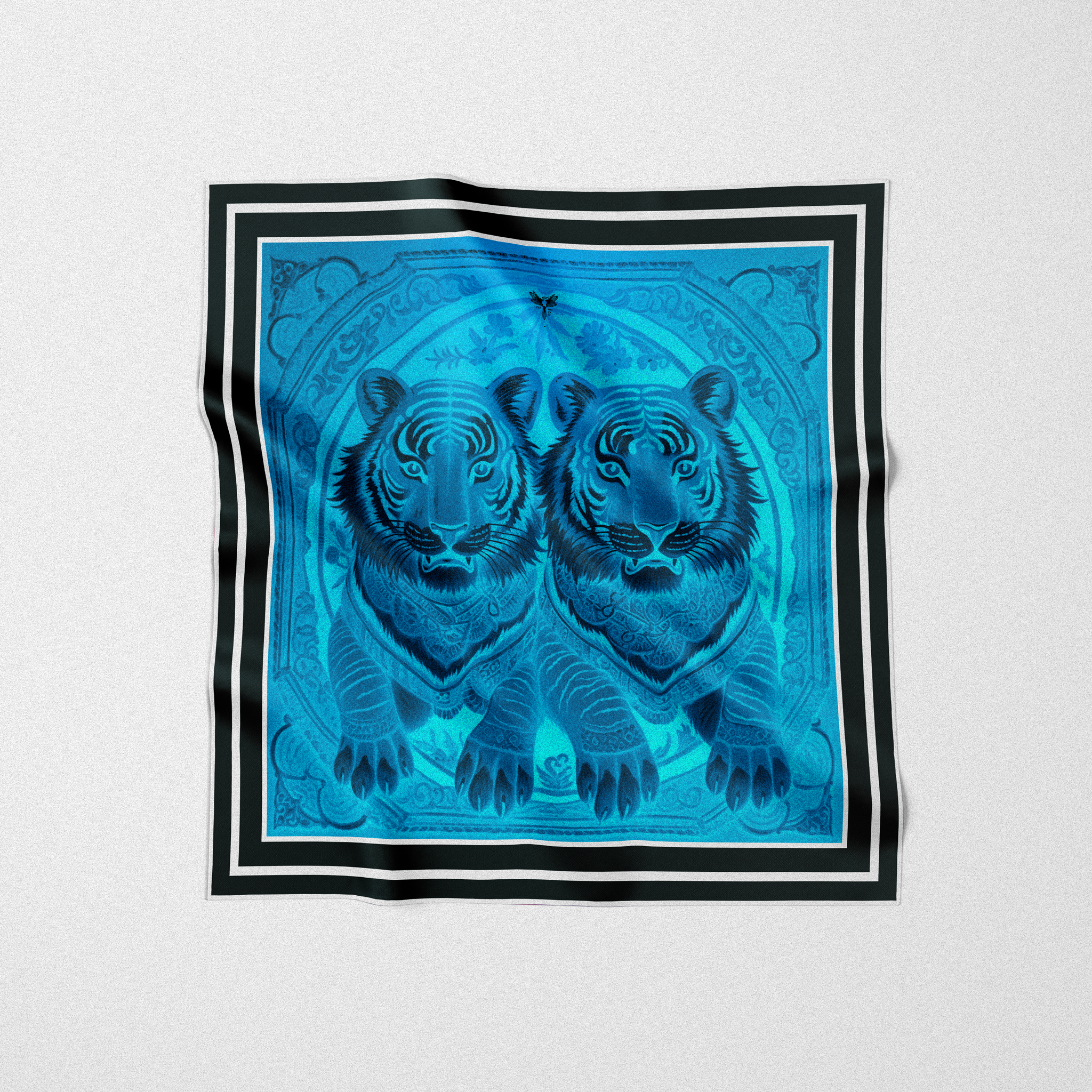 Silk twill square scarf designed by artist. Twin tigers design, two tigers print turquoise