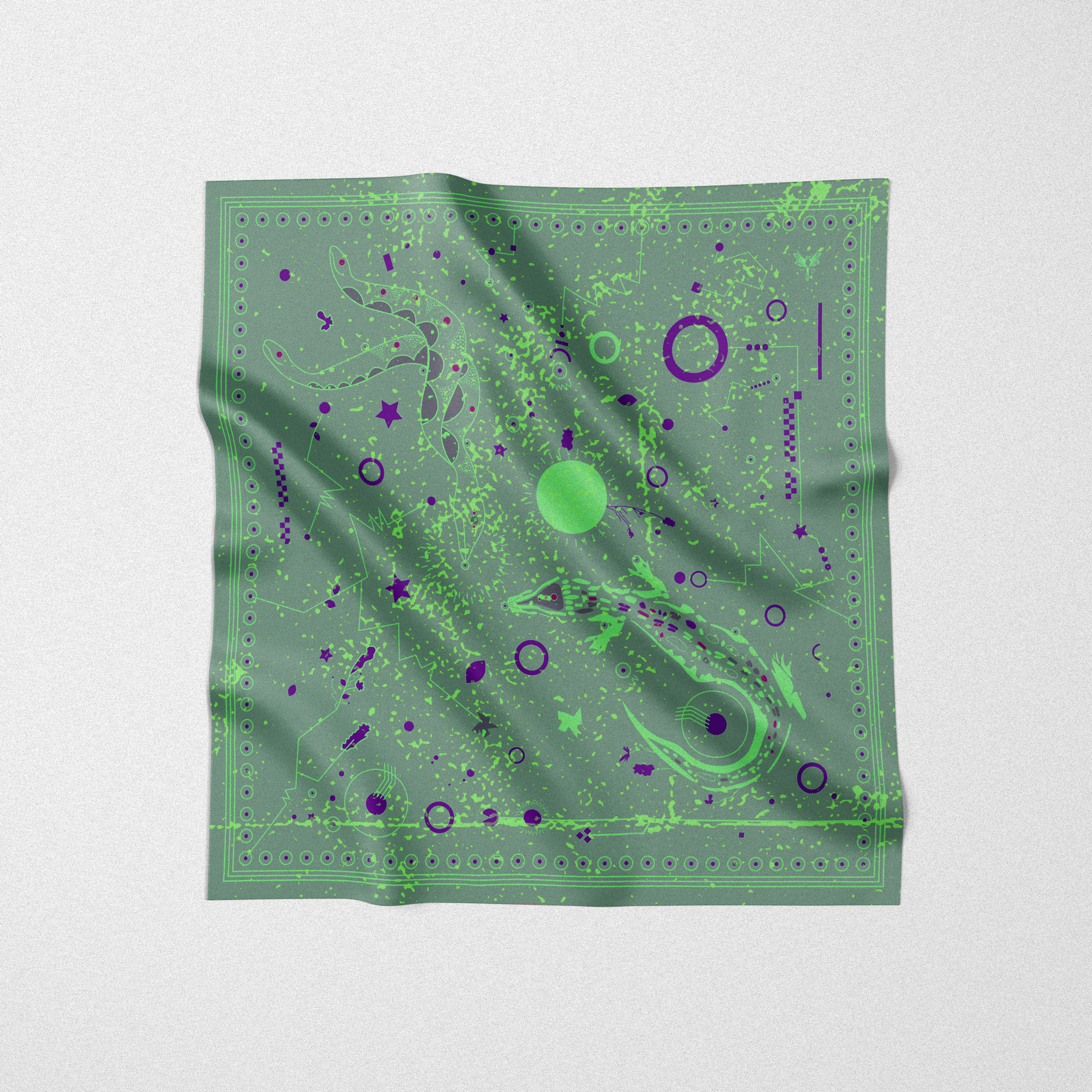 Silk twill square scarf designed by artist. Uncharted design in bright green print