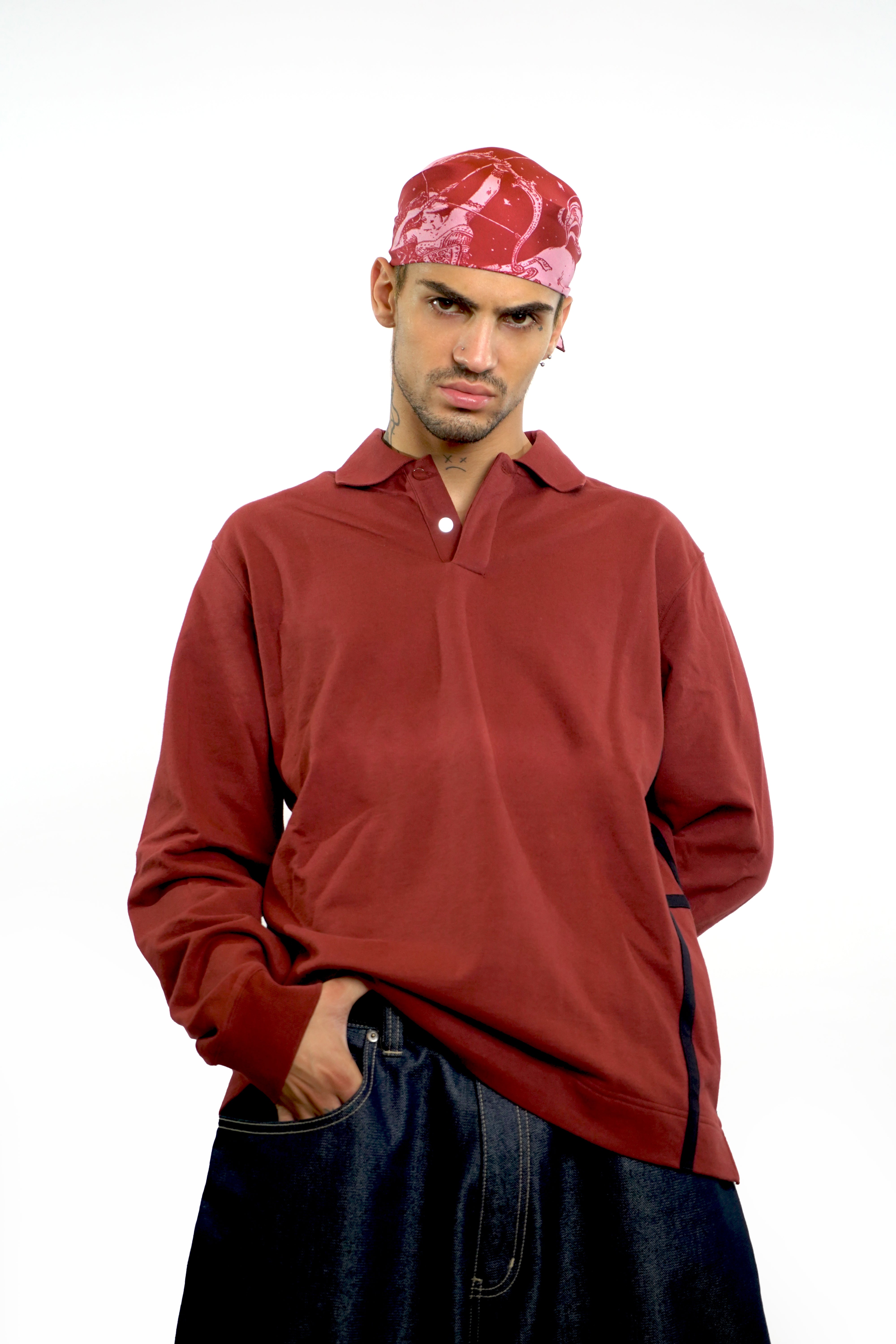 Male model wearing silk twill square scarf as bandana on head
