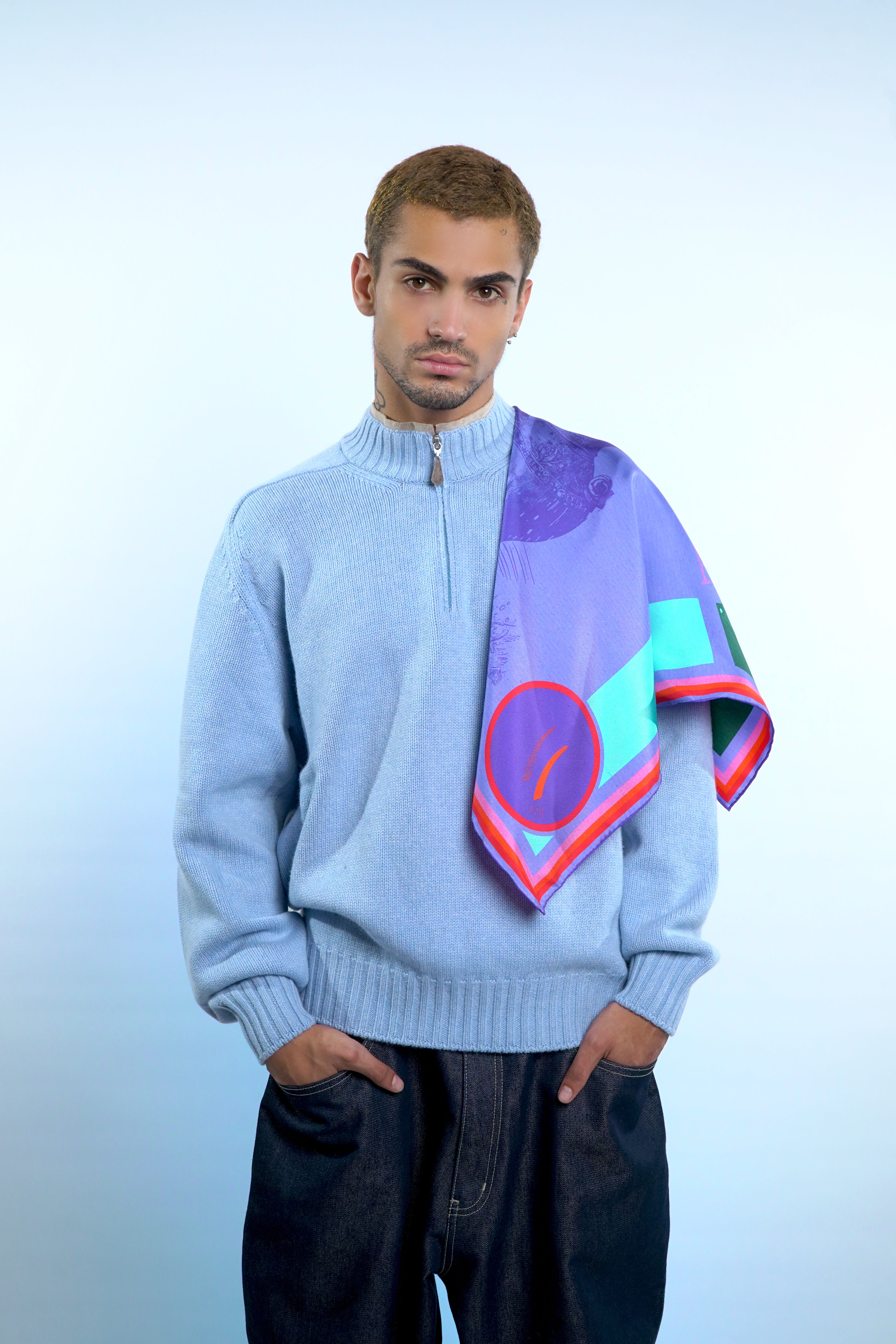 Male model wearing astrology Aquarius silk scarf scarf on shoulder