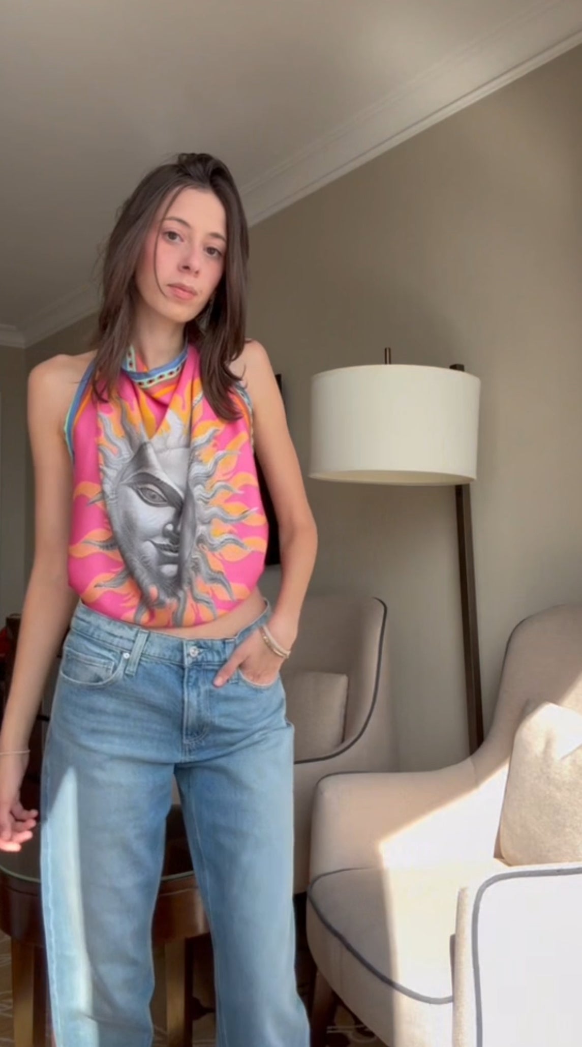 Tutorial video how to style a scarf as a top with a chain necklace