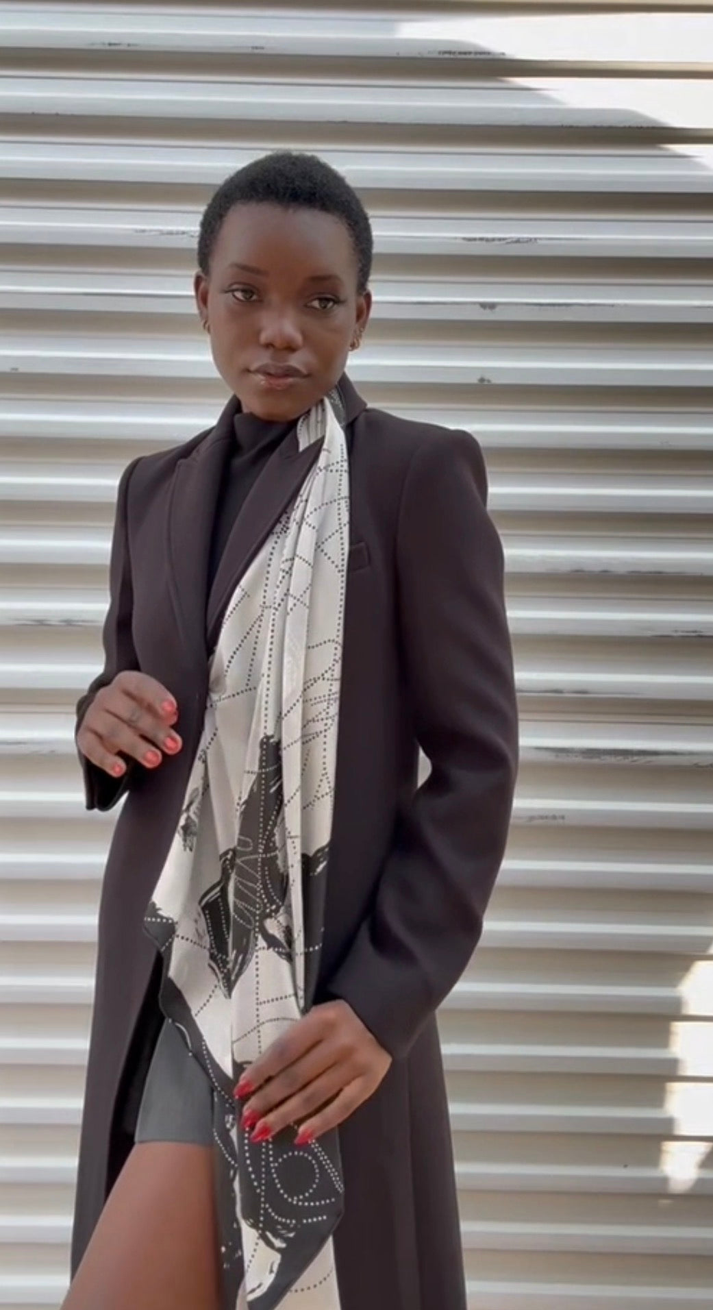 tutorial how to wear a silk square scarf over a blazer