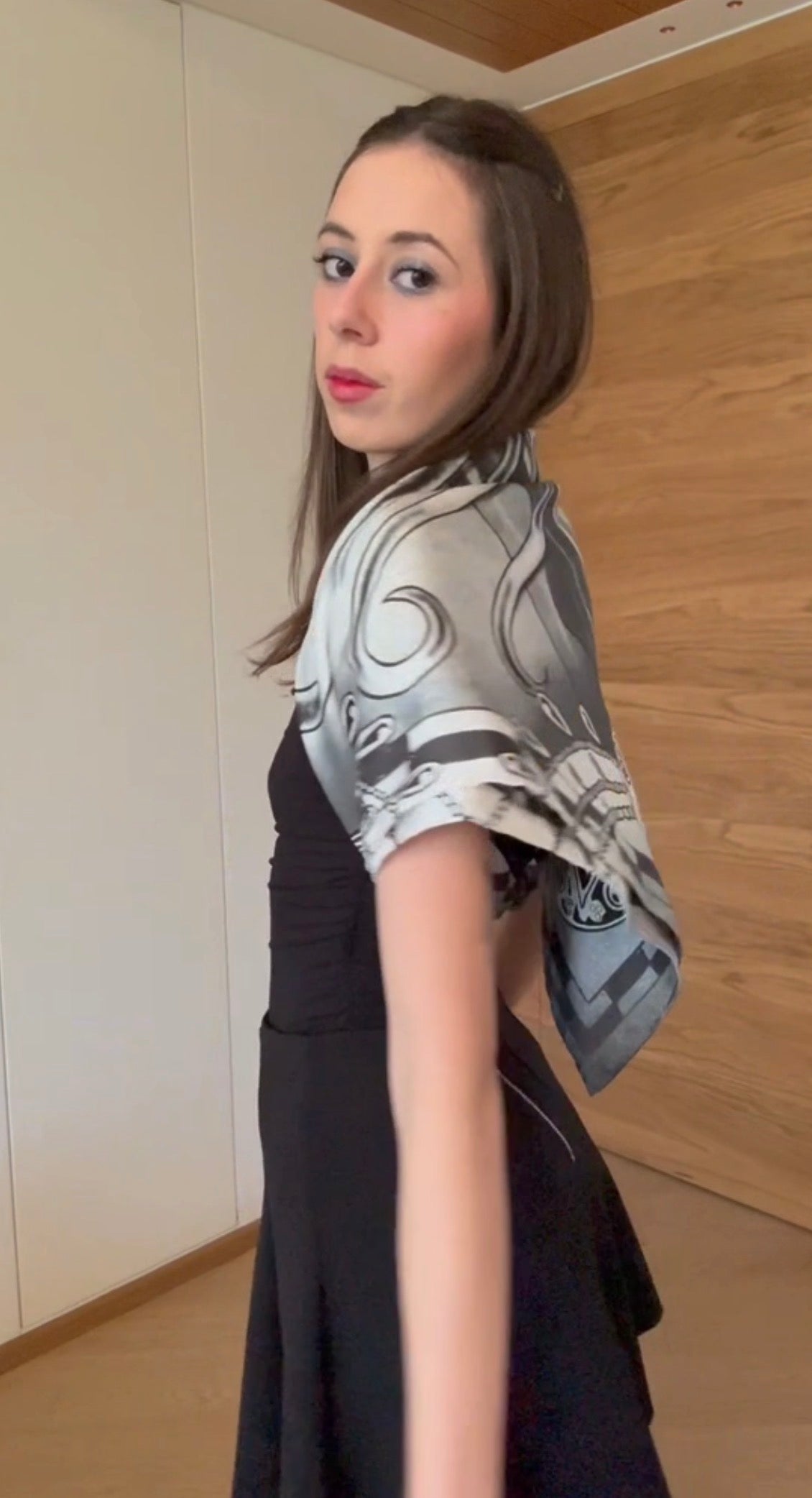 Tutorial how to wear a silk square scarf over the shoulders