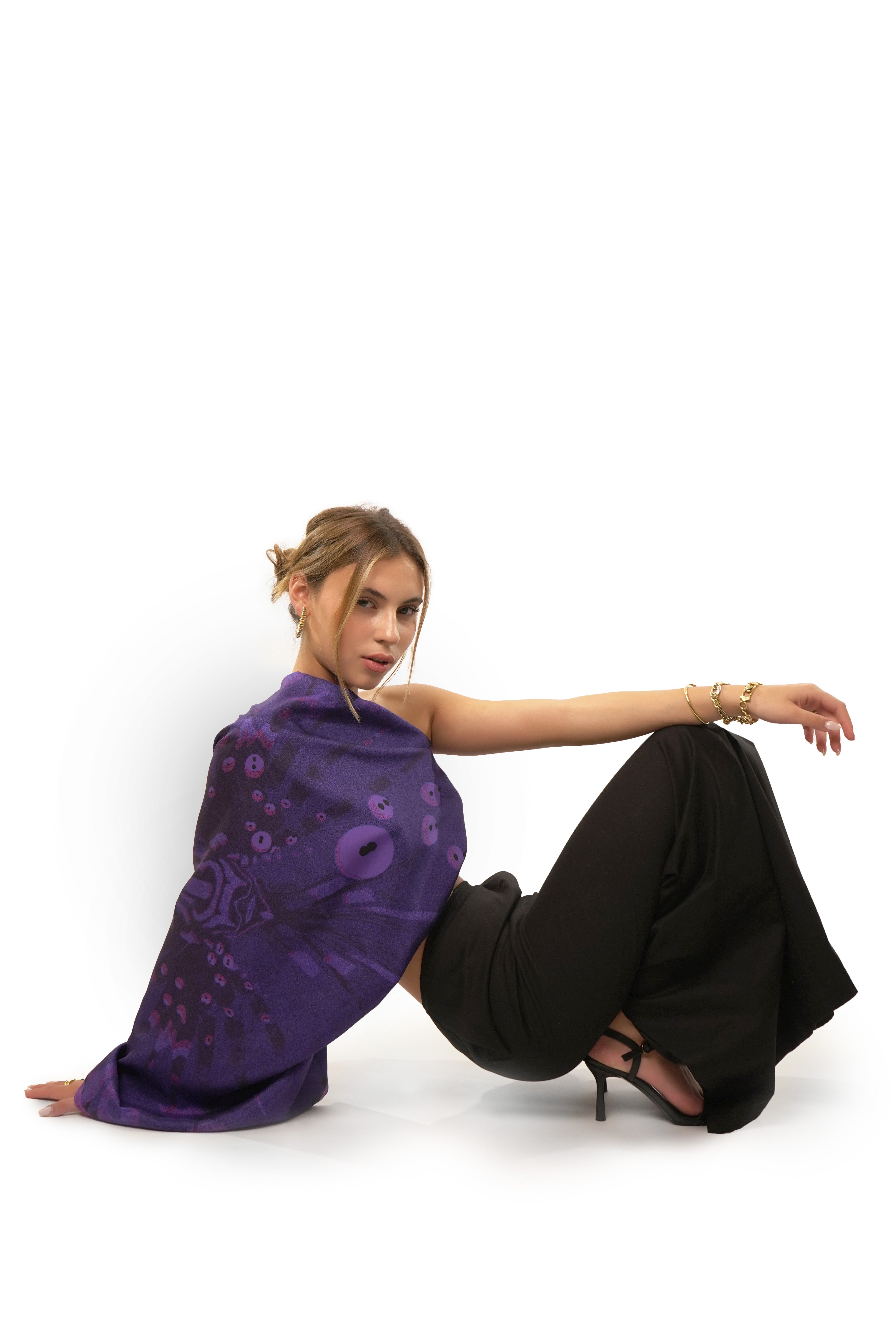 model wearing silk twill square scarf as one arm top