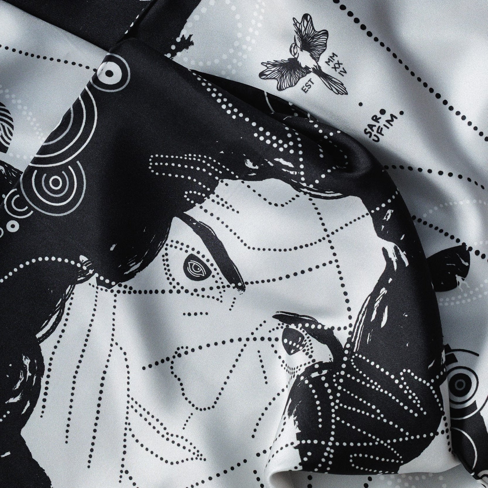 Black and white patterned scarf design by artist Sarah Saroufim