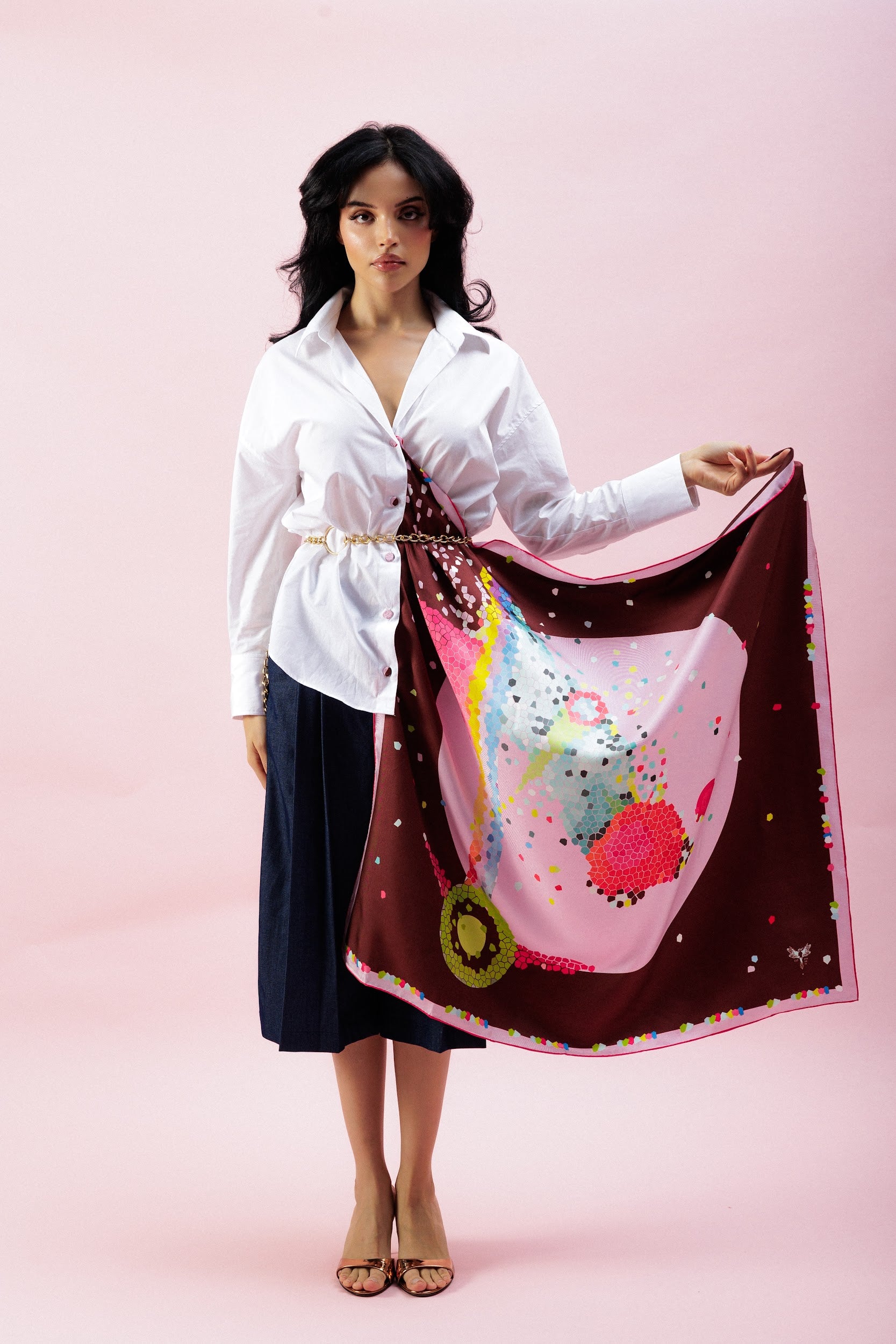 Colorful 90x90cm square scarf styled on shirt with belt