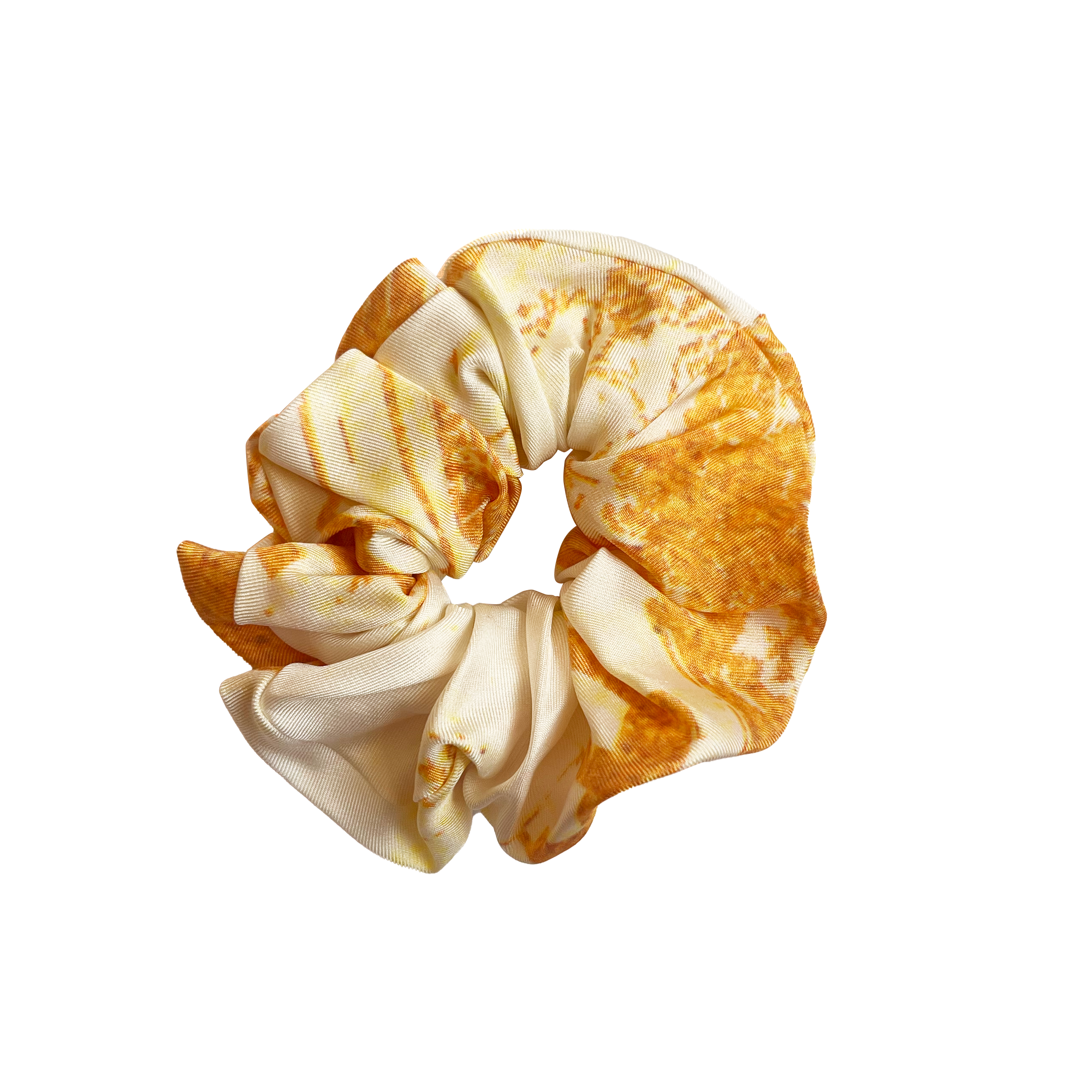 Scrunchie made from silk twill fabric in yellow and white print