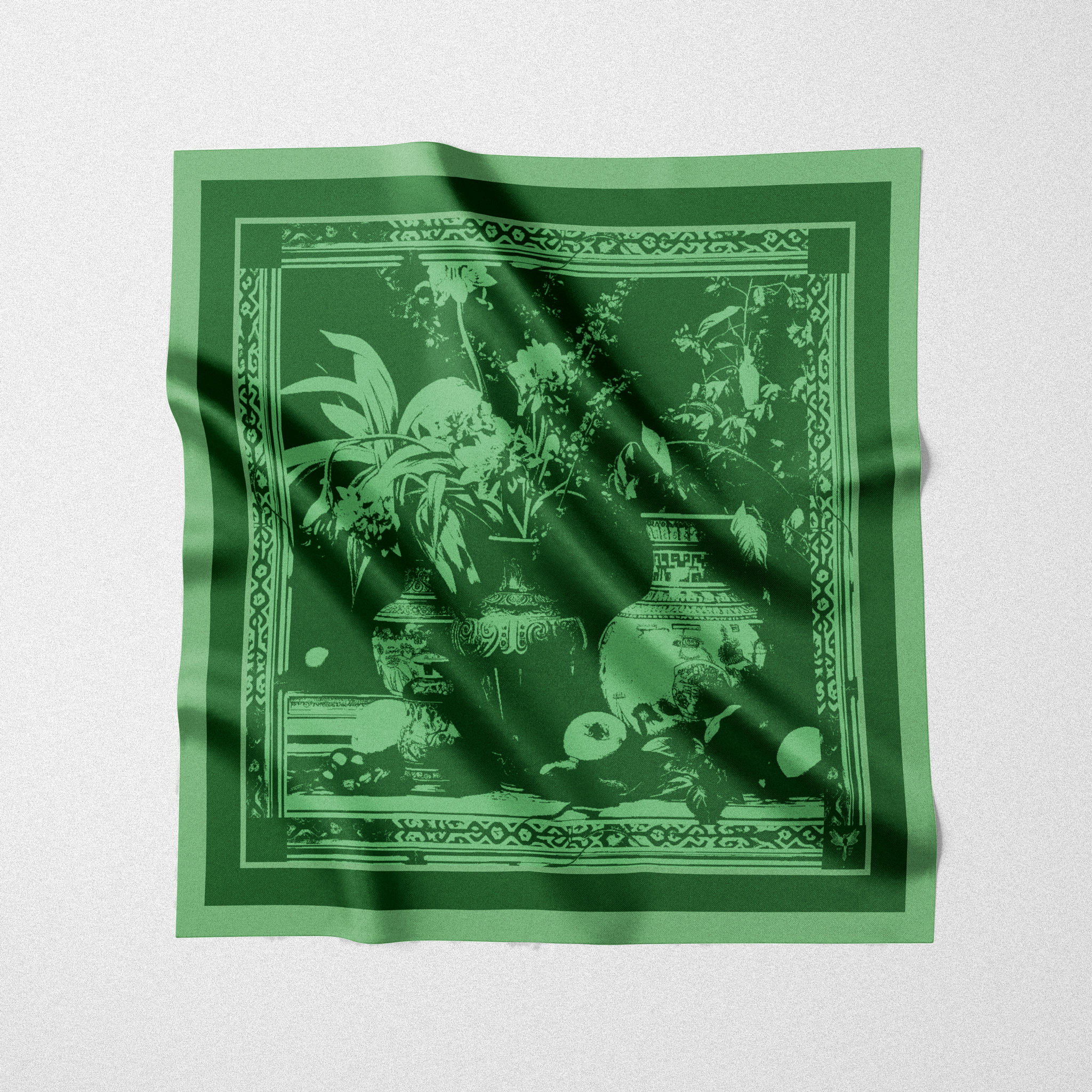 Silk twill square scarf designed by artist. Botanical garden design, green print of flowers