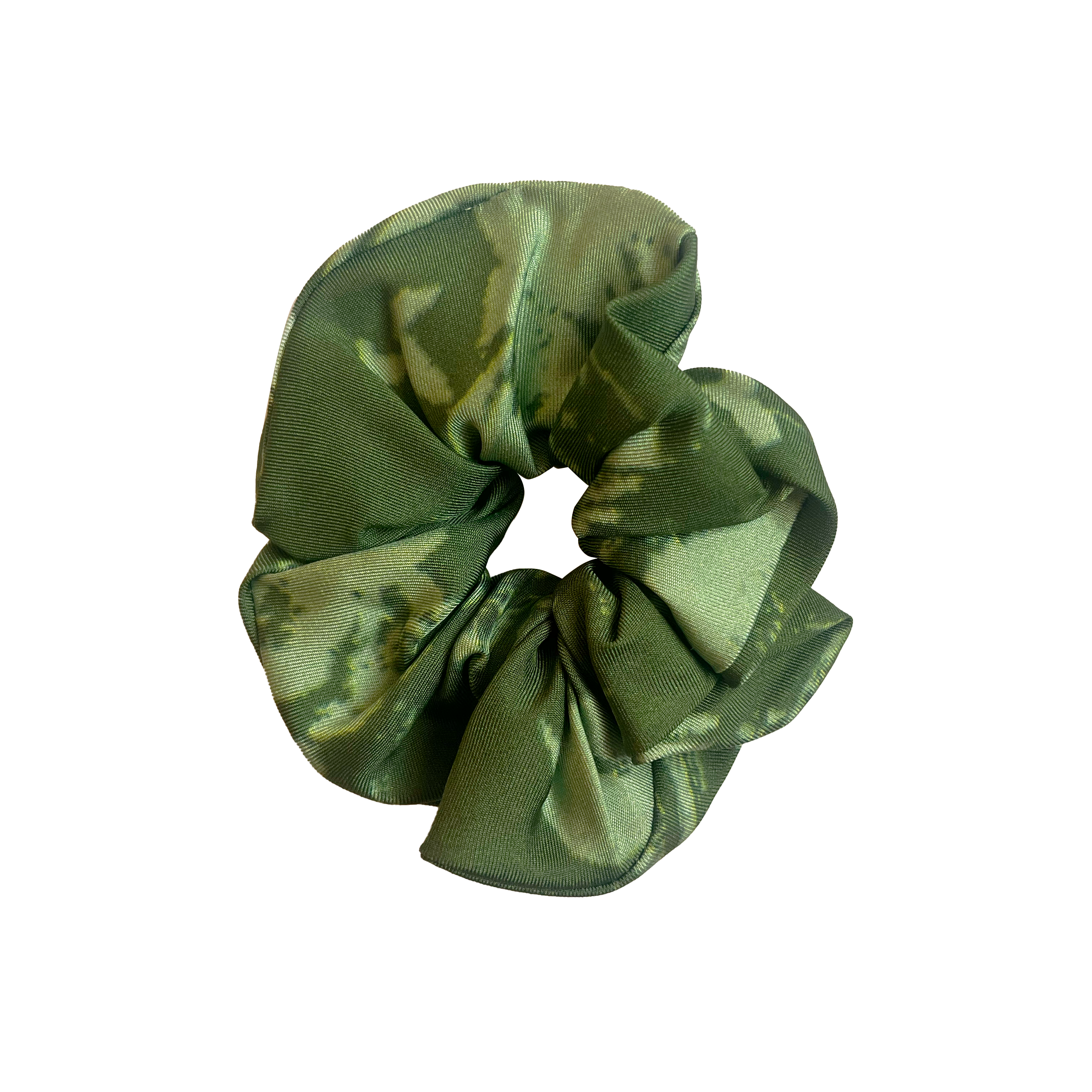 Scrunchie made from silk twill fabric in green print