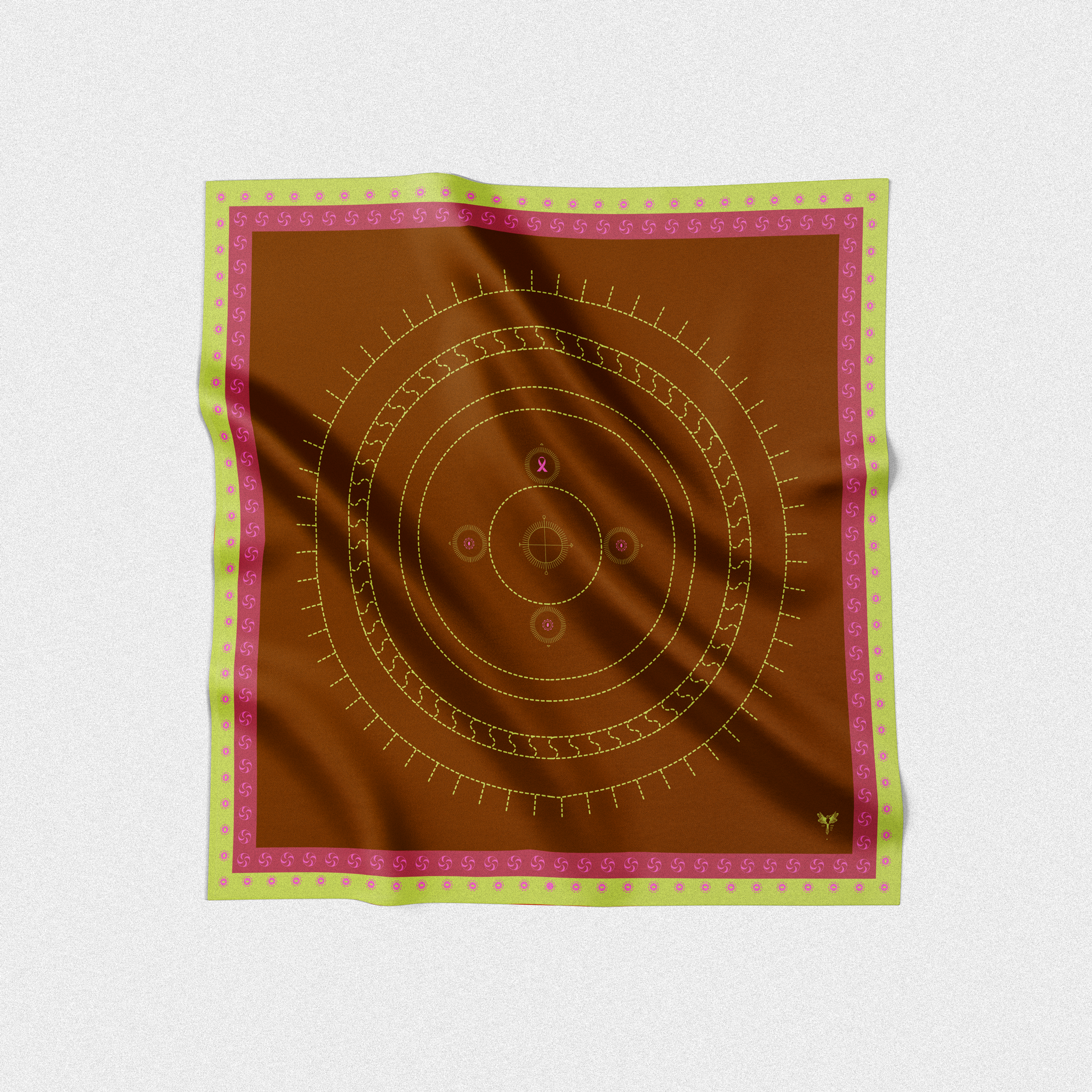 Silk twill square scarf designed by an artist. Circles design in brown pink and green.