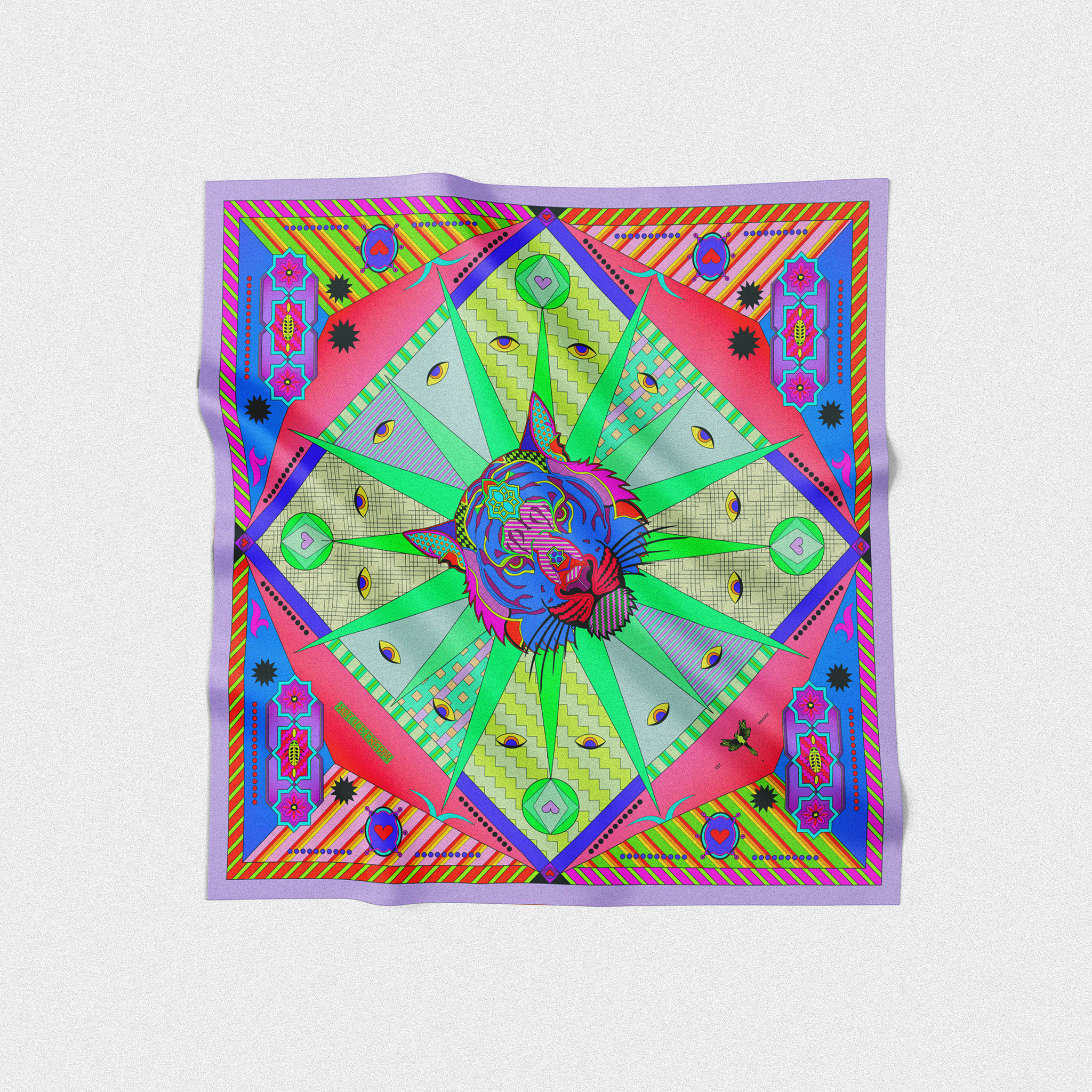 Colorful geometric patterned square scarf with tiger in the middle made by hot ice cream