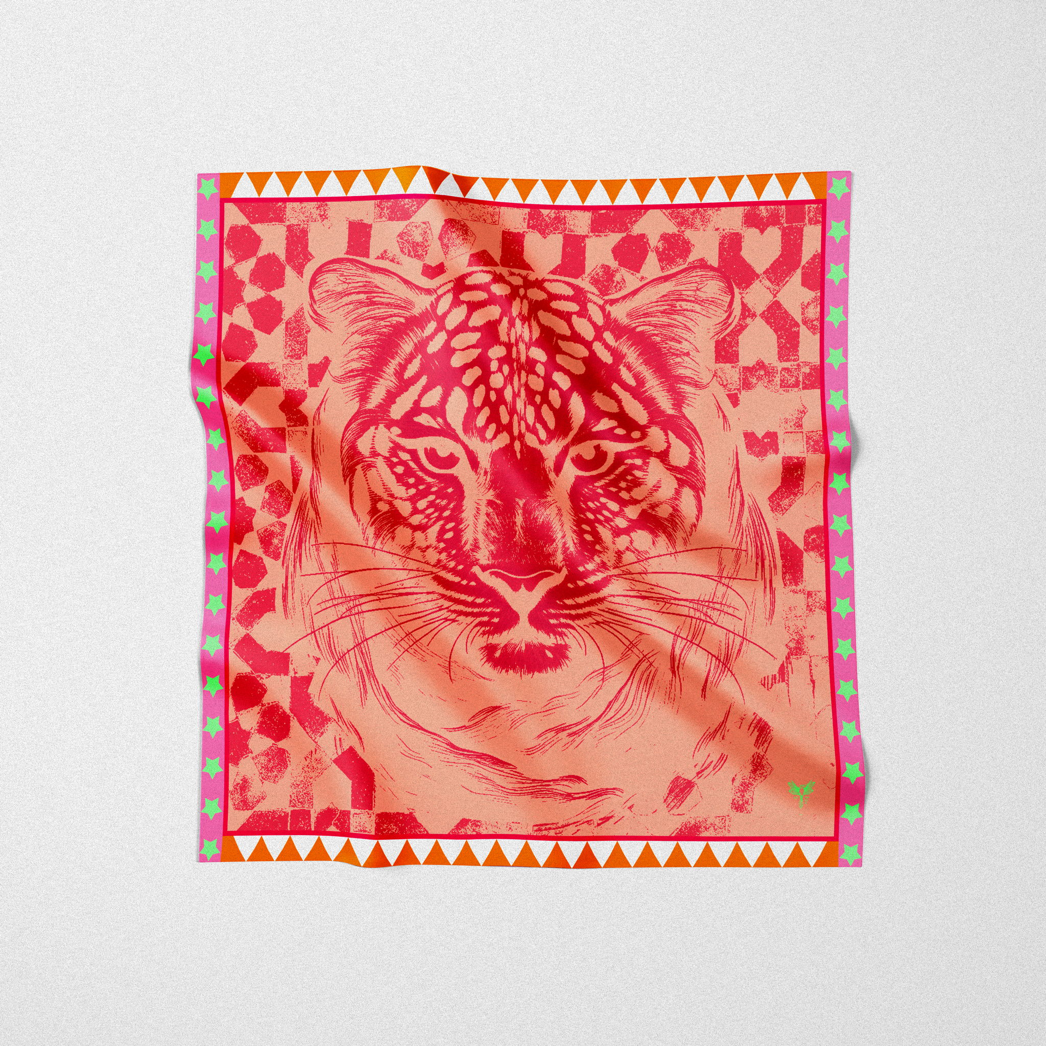 Silk twill square scarf designed by an artist. Crazy tiger design in pink orange bright colors