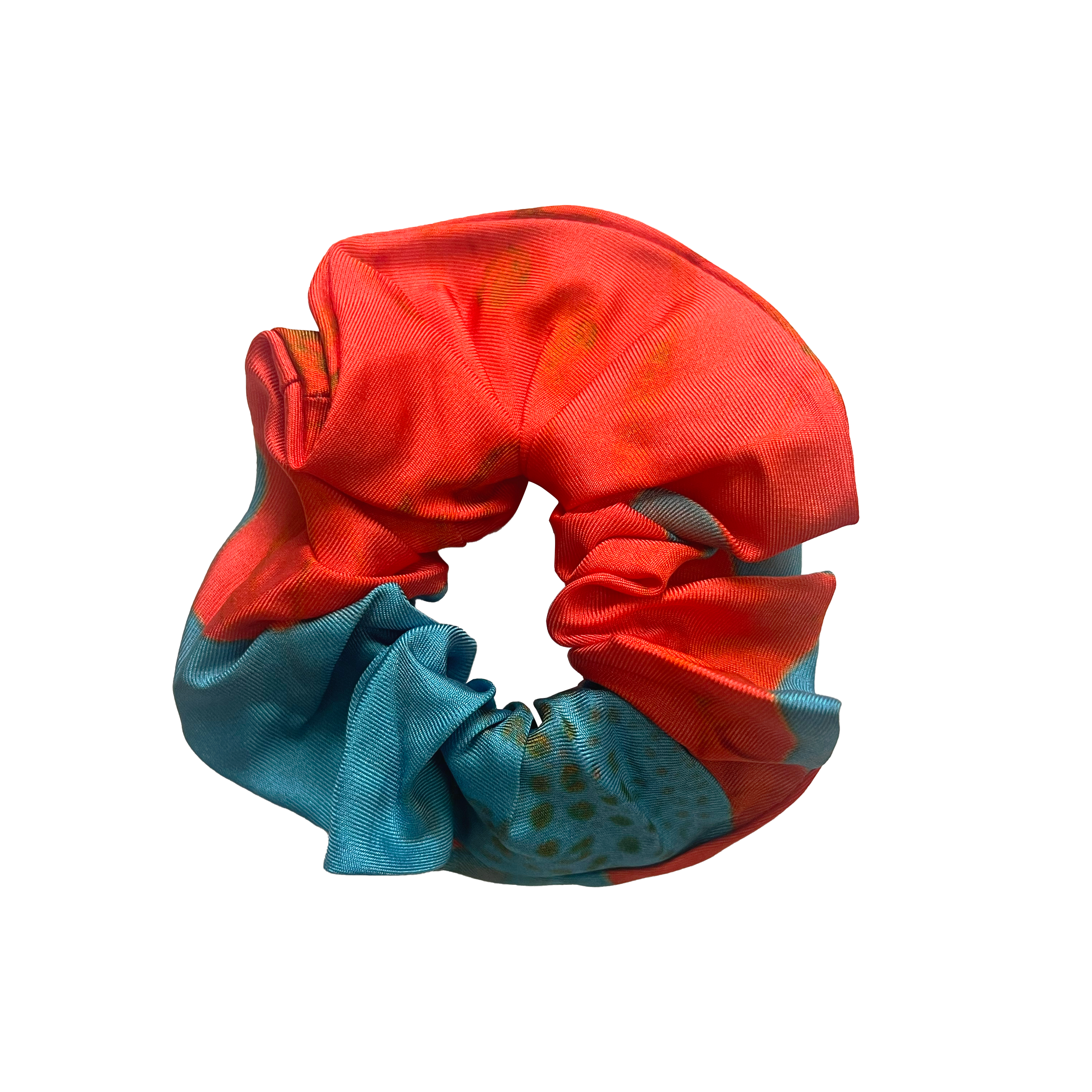 silk twill scrunchie with orange and blue design