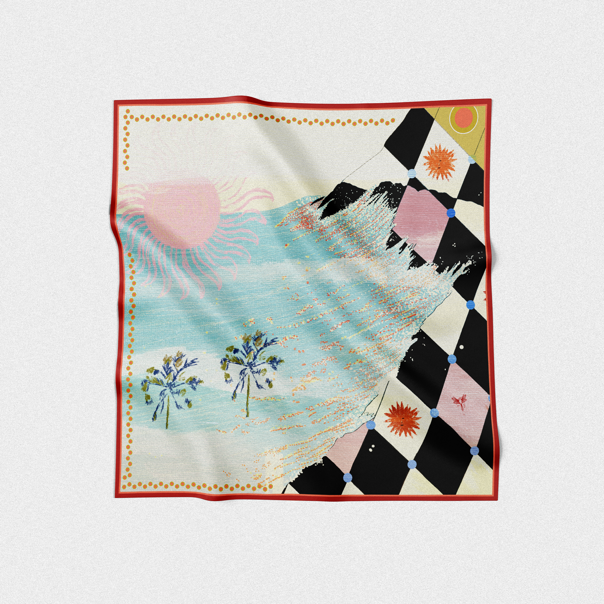 Colorful square scarf with sea design on a white background