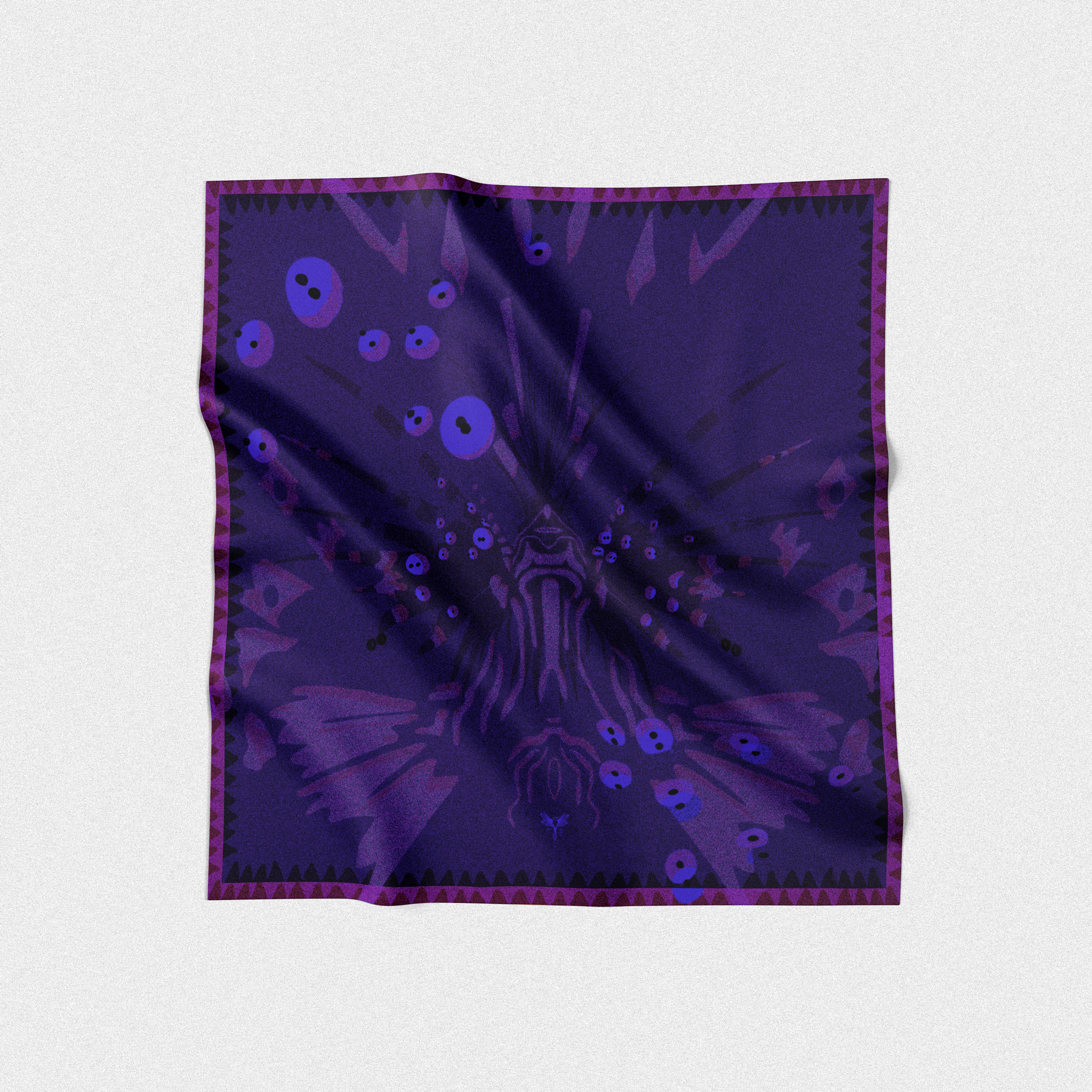 silk twill square scarf designed by artist. lionfish design in shades of purple