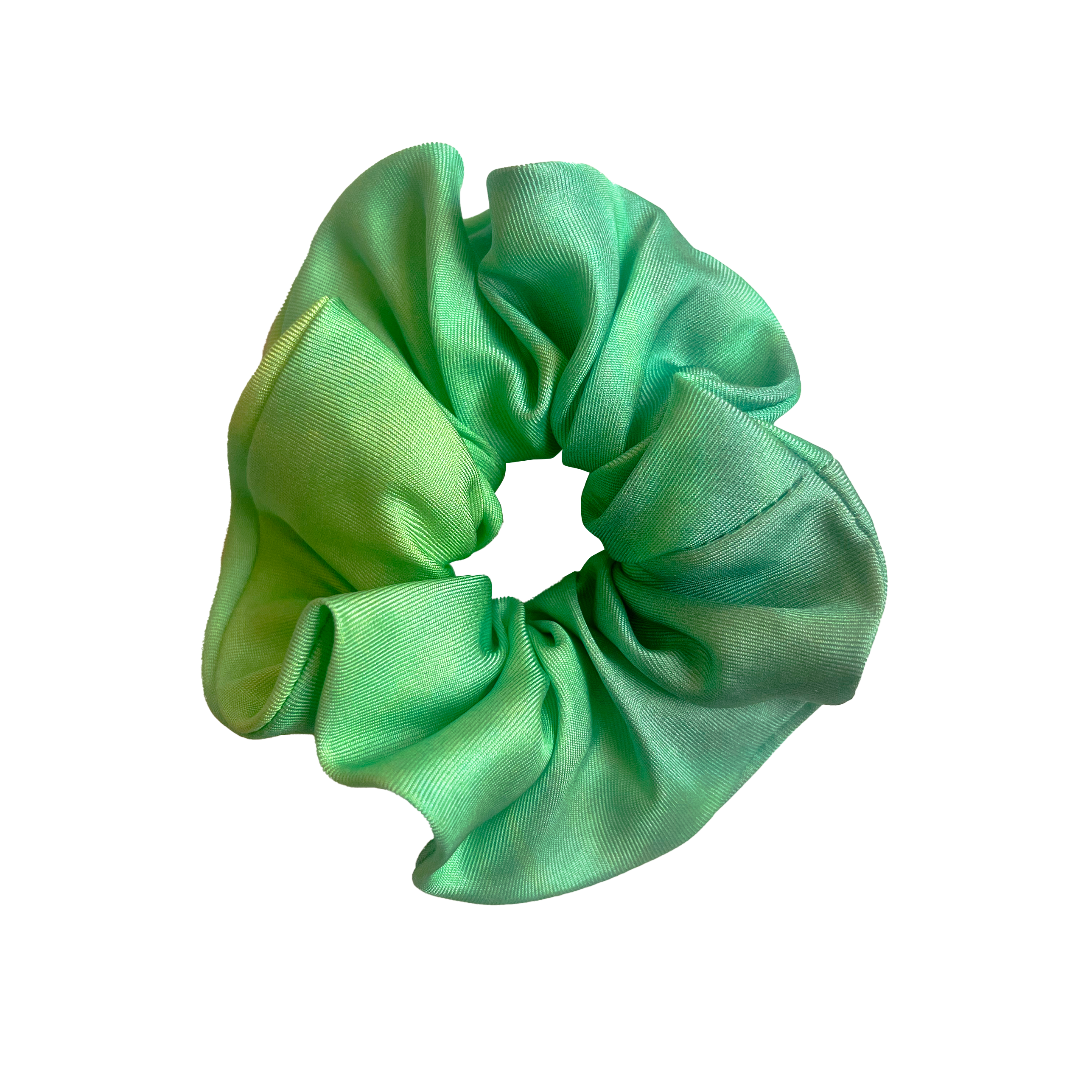 Scrunchie made from silk twill fabric in green flashy print