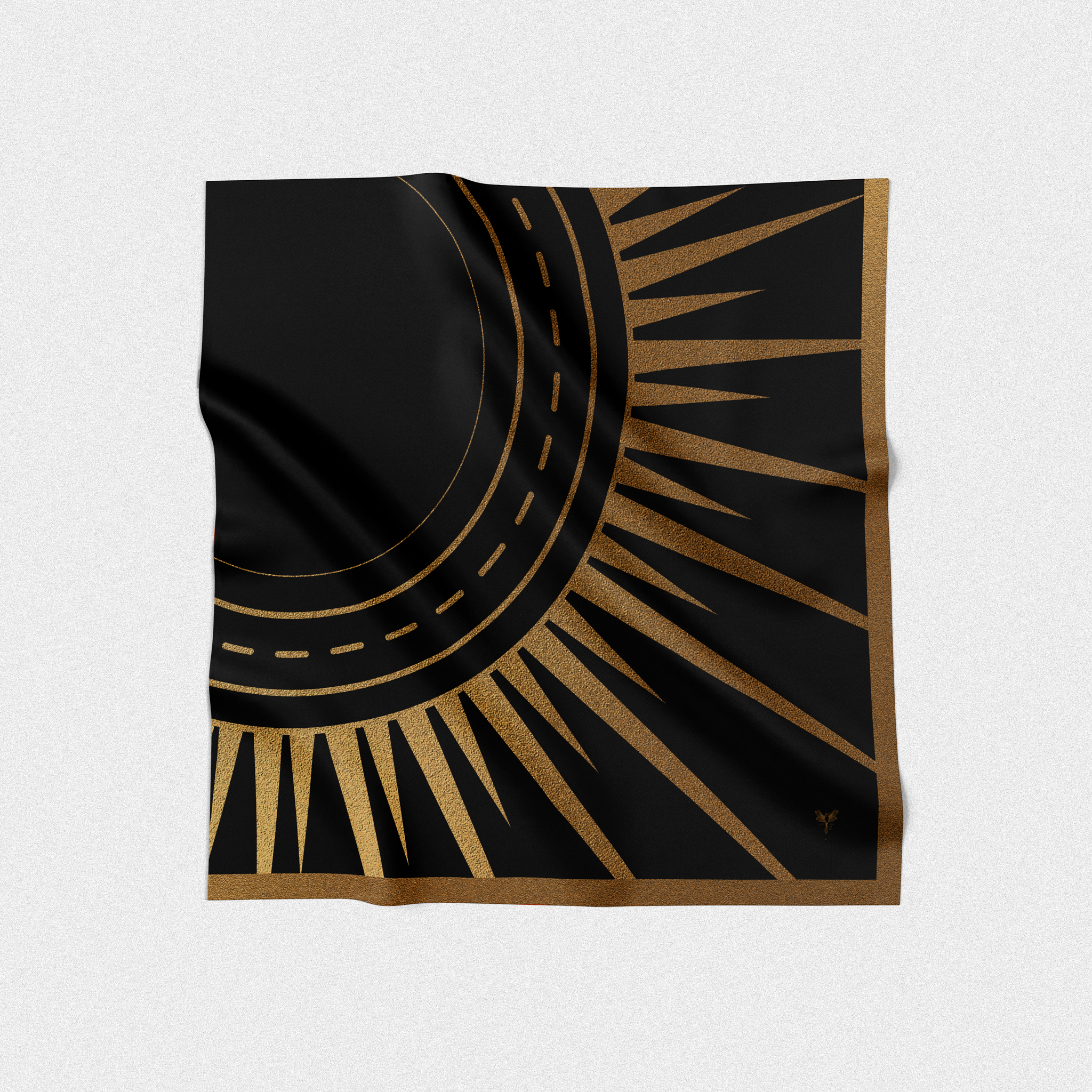 Silk twill square scarf designed by artist. gold necklace design, gold sun on black background