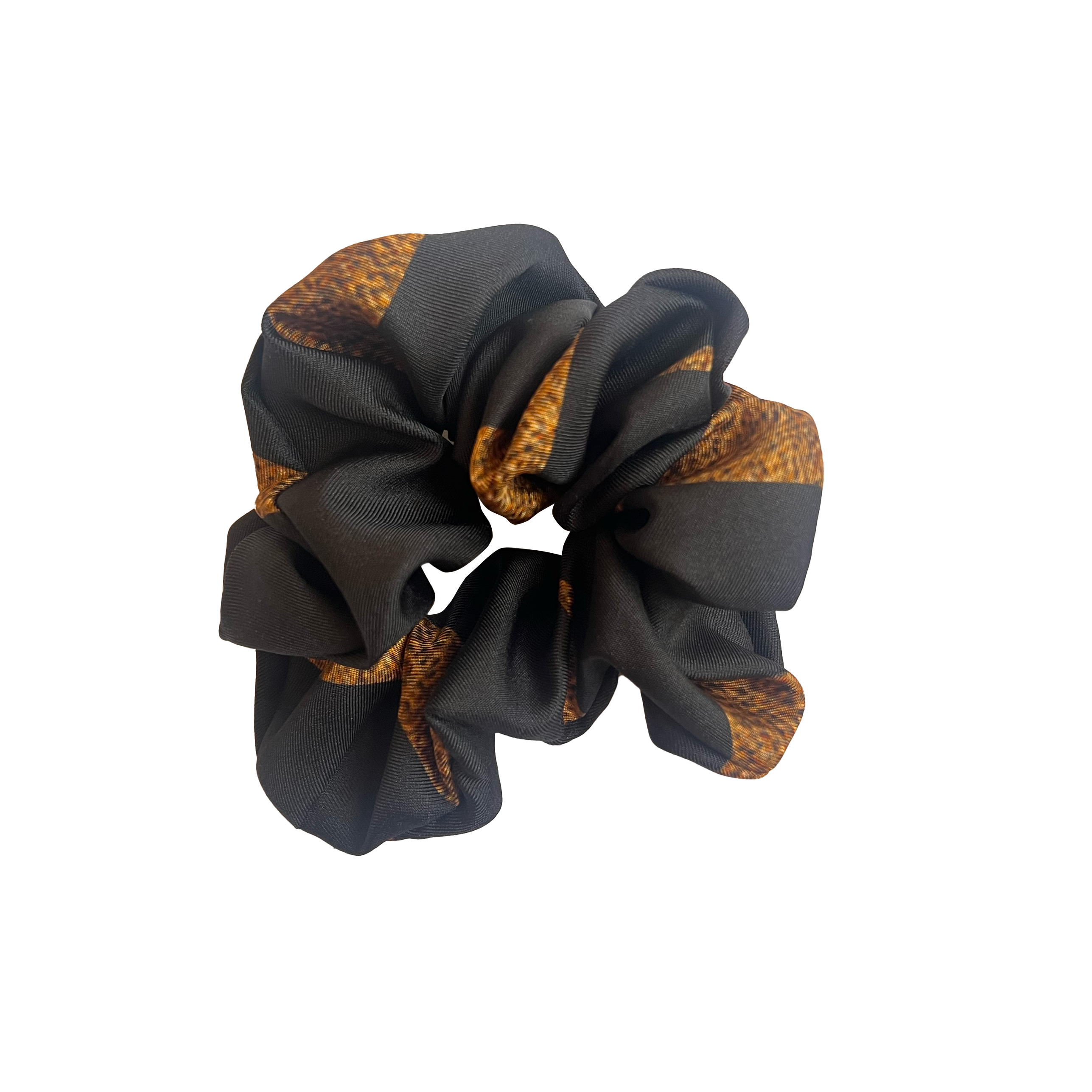 Silk twill scrunchie in black and gold print