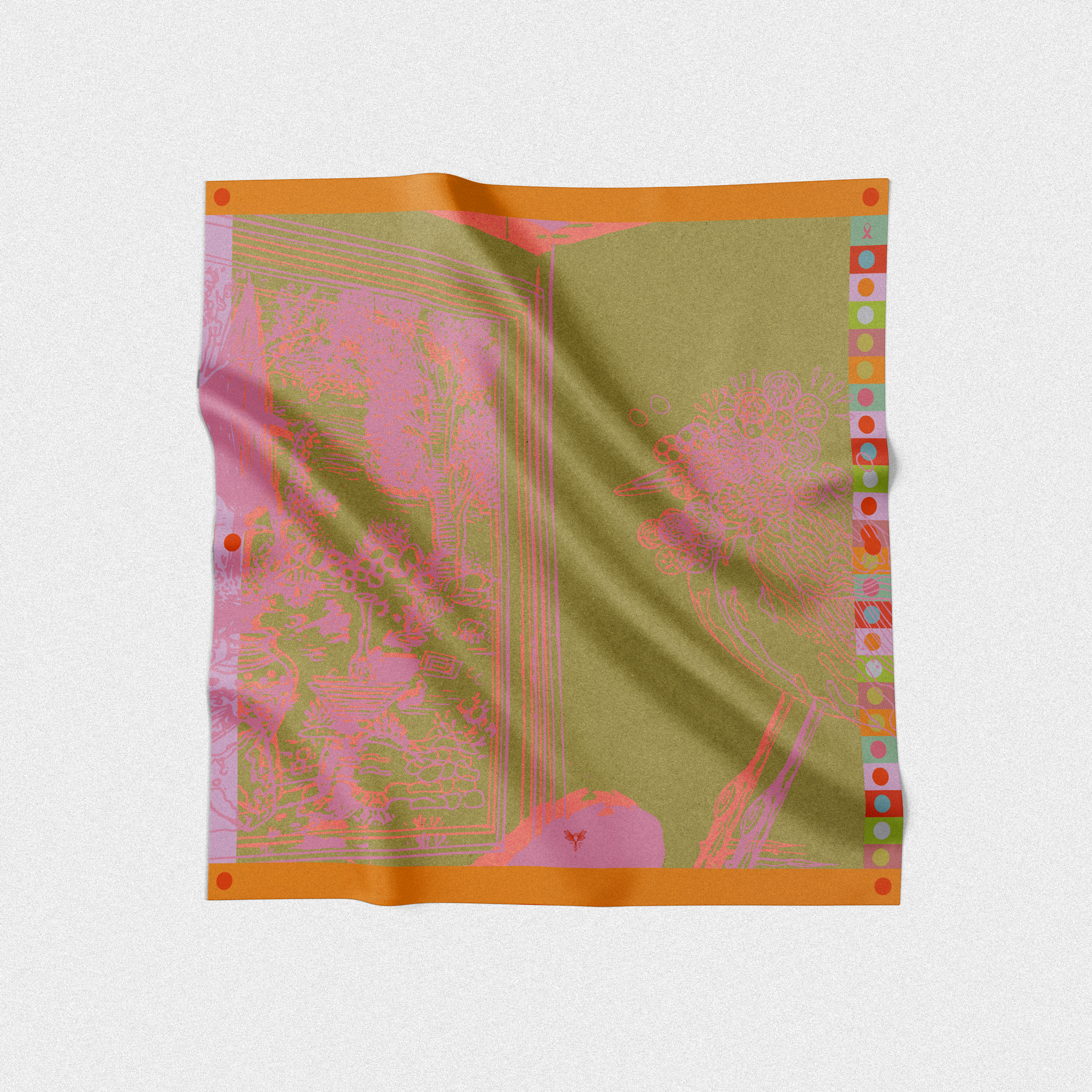 Silk square scarf designed by artist. Grace Kelly design, bird in green pink orange red 